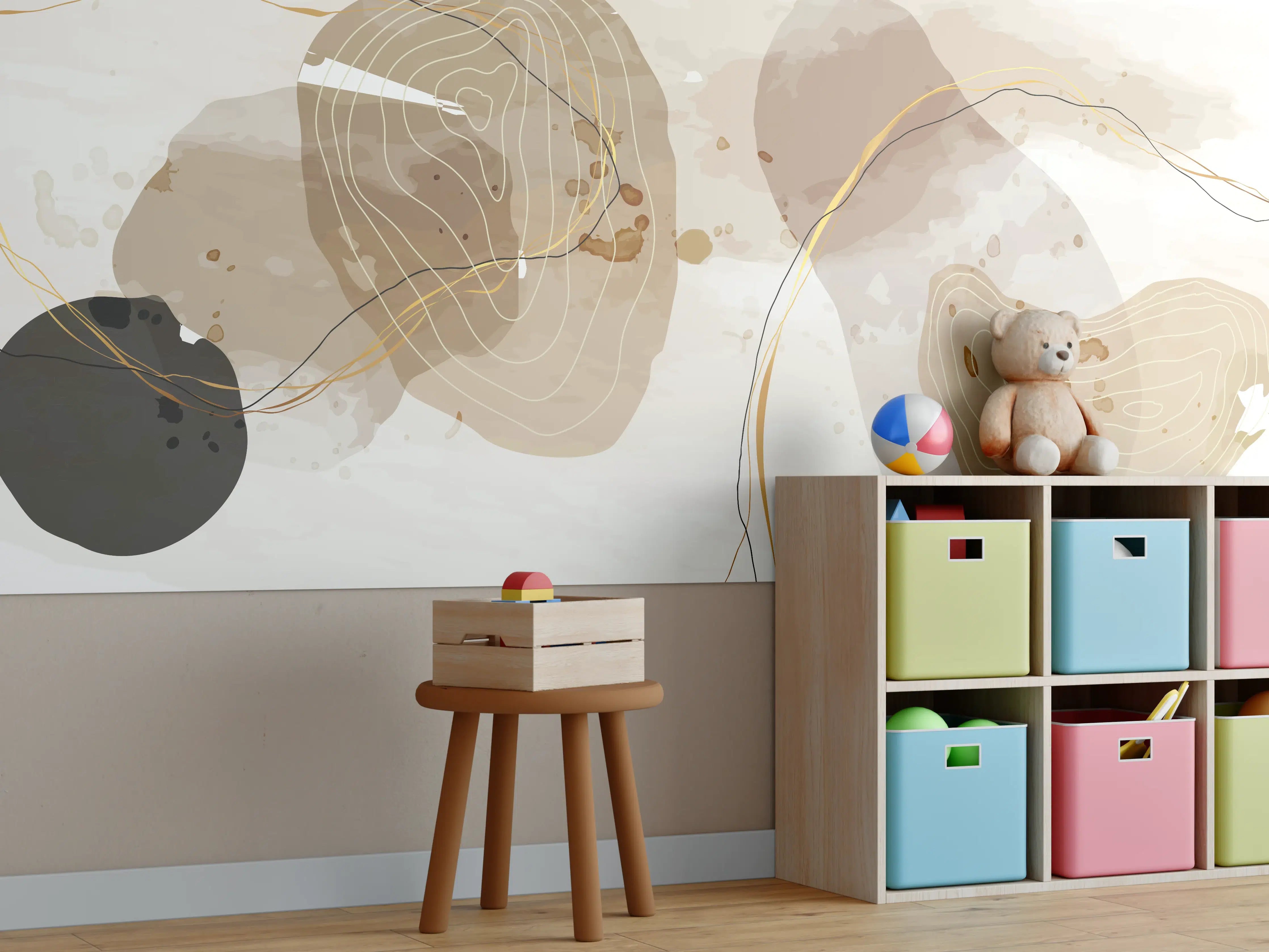 Kinderzimmer Wandgestaltung - Abstrakte Beige-Braune Linienkunst