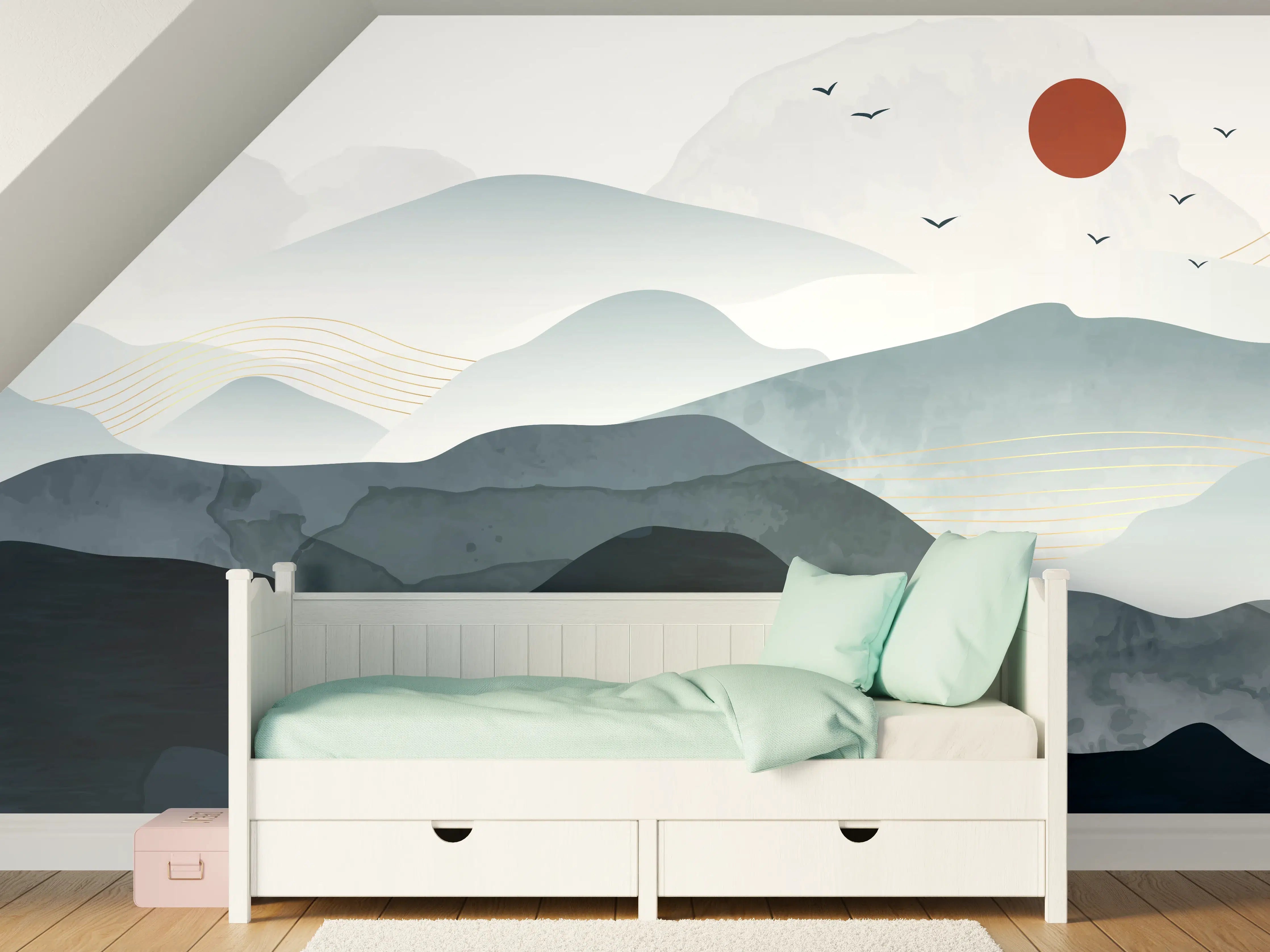 Kinderzimmer Wandgestaltung - Abstrakte Berglandschaft in Grautönen