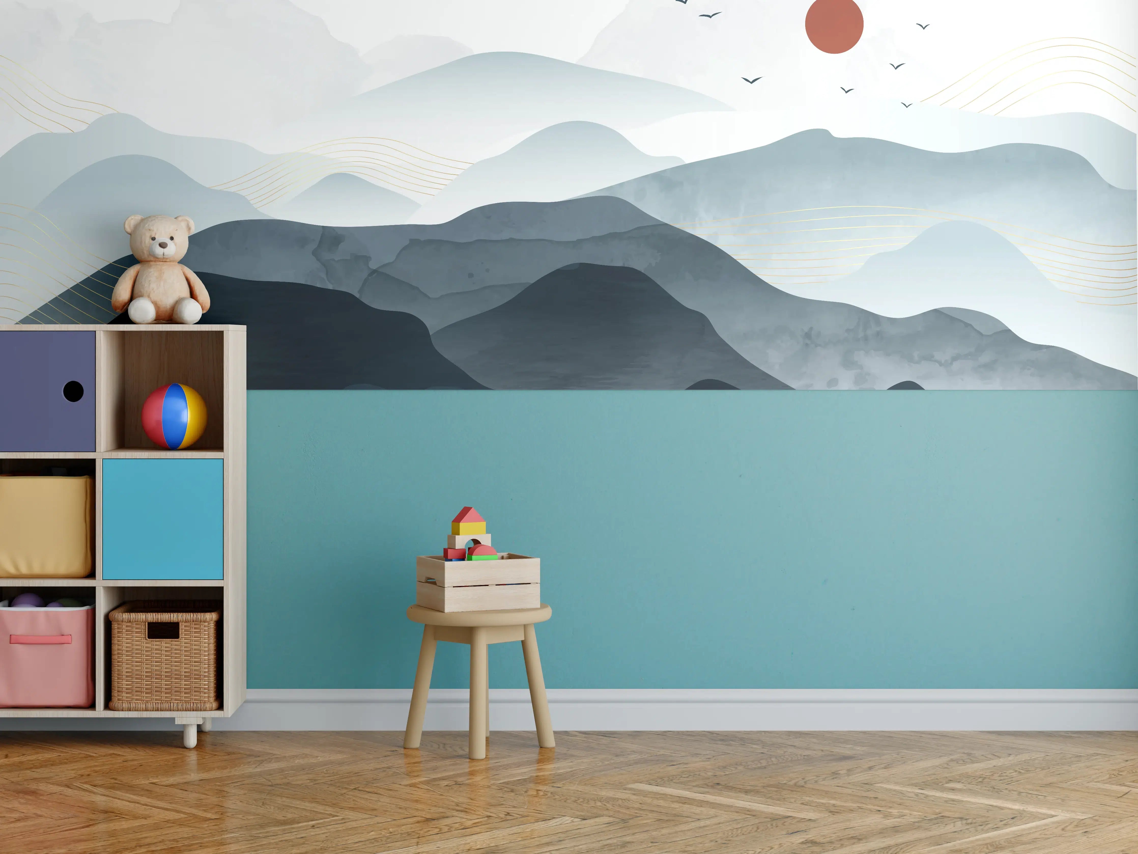 Kinderzimmer Wandgestaltung - Abstrakte Berglandschaft in Grautönen