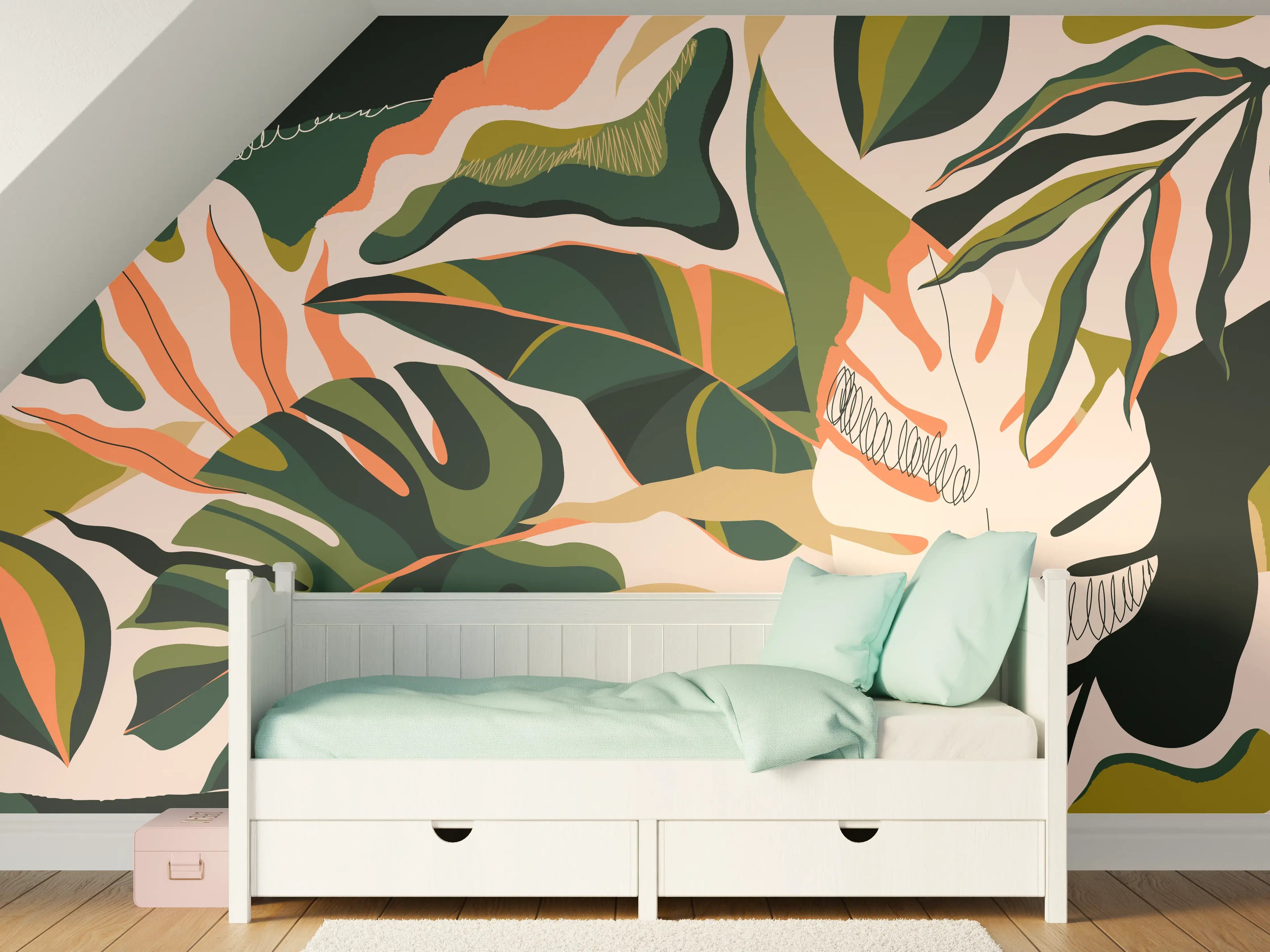 Kinderzimmer Wandgestaltung - Abstrakte Blattmuster in Erdtönen