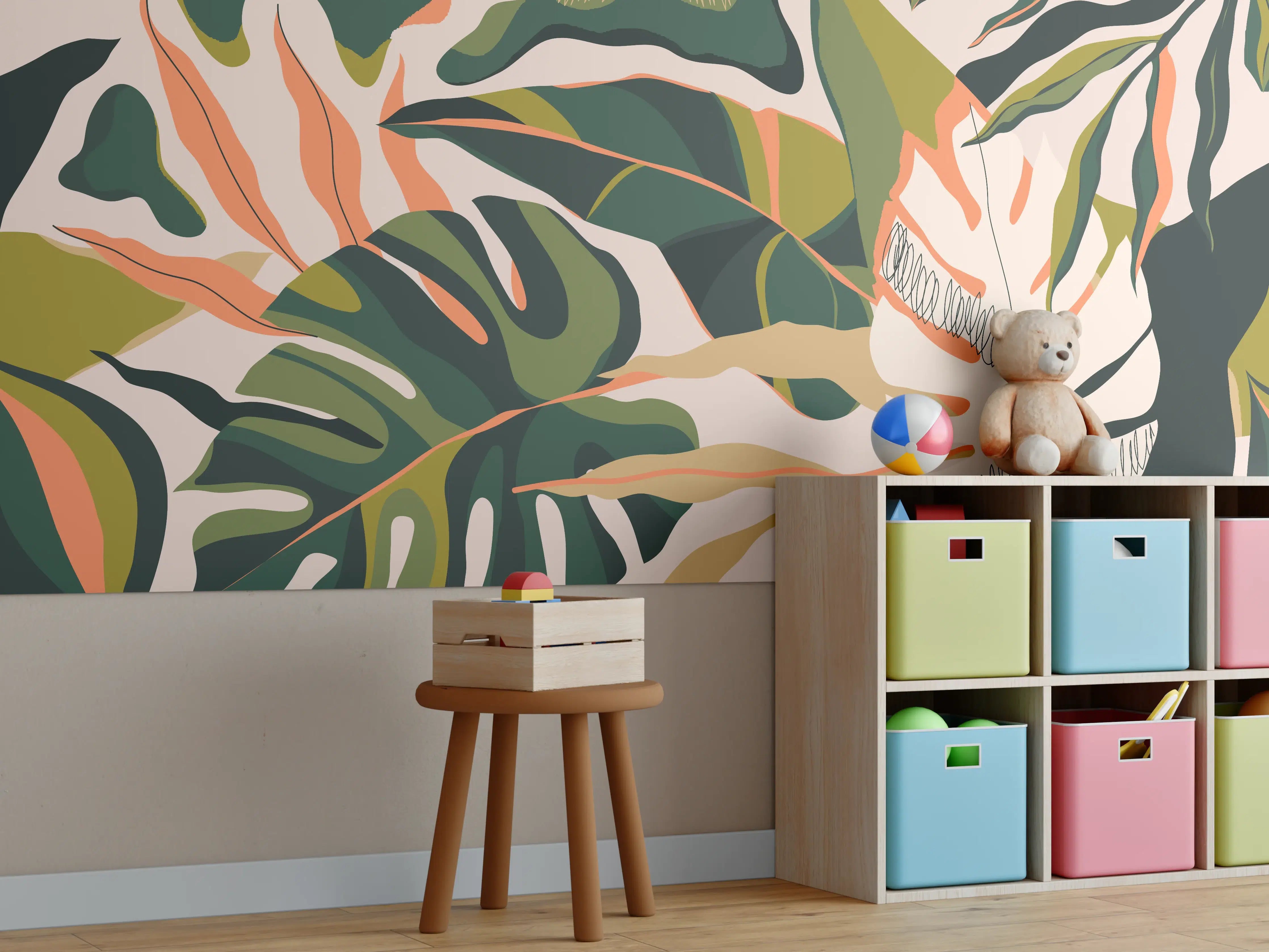 Kinderzimmer Wandgestaltung - Abstrakte Blattmuster in Erdtönen