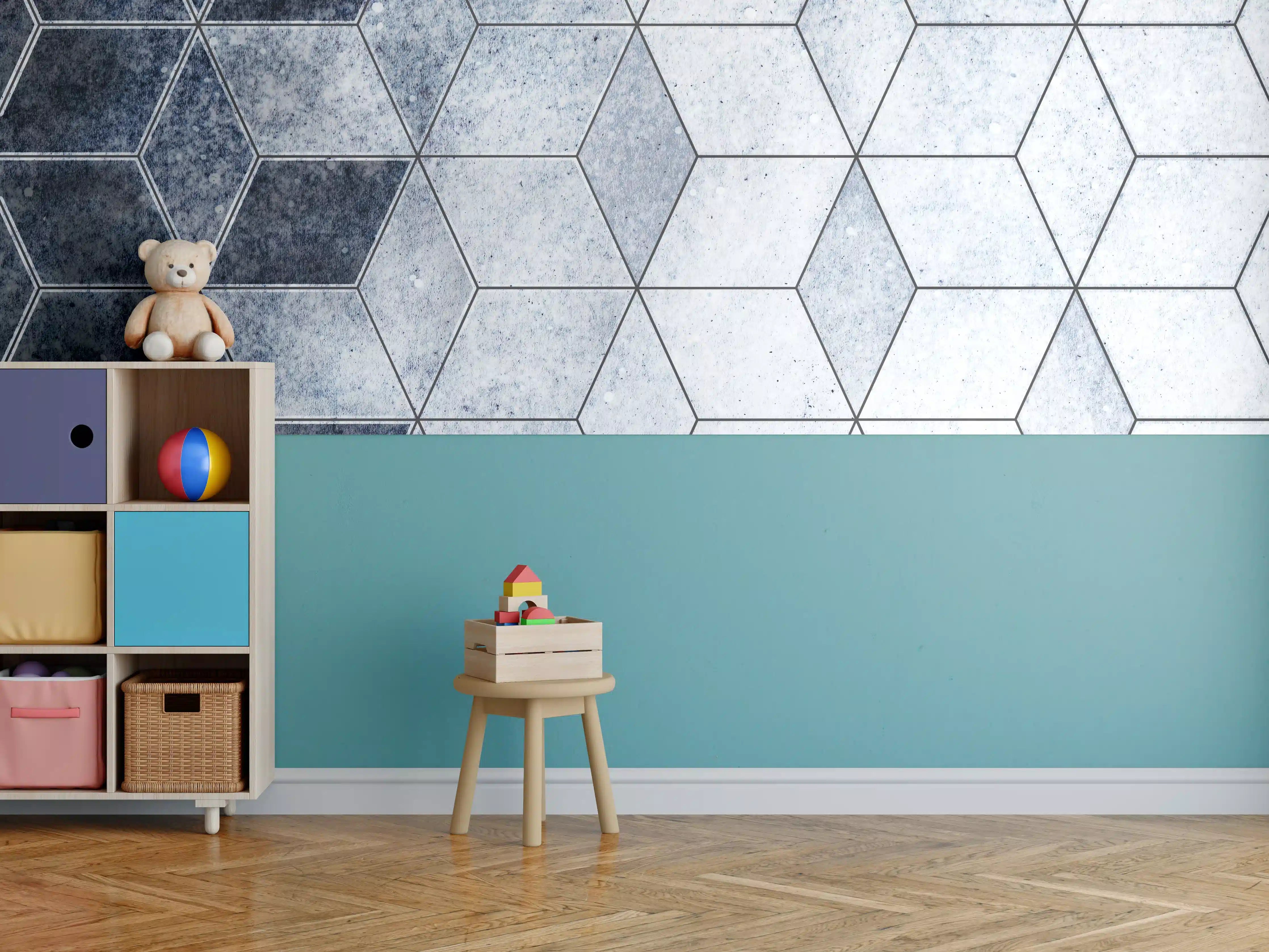 Kinderzimmer Wandgestaltung - Abstrakte Blau-Graue Wabenstruktur