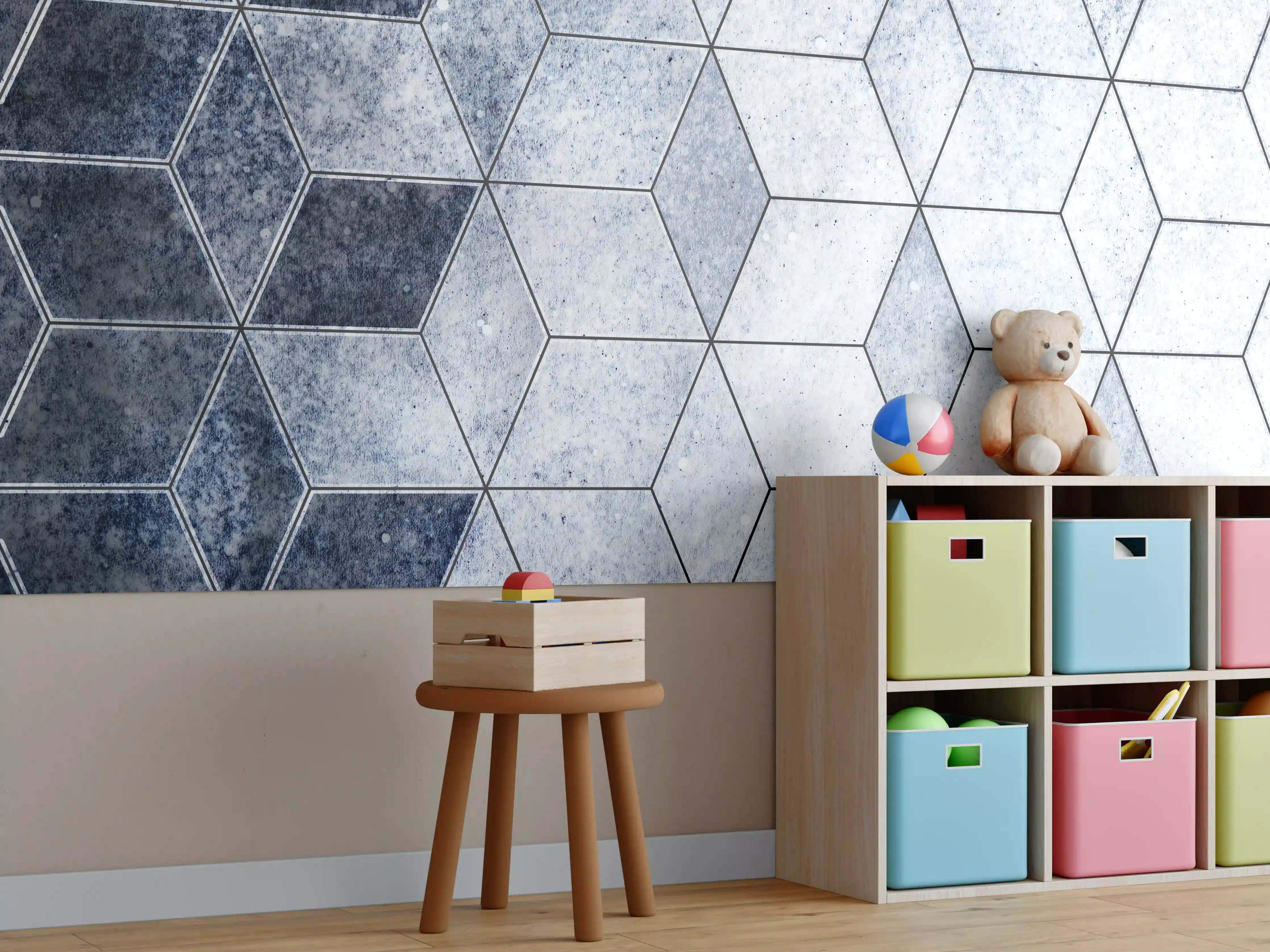 Kinderzimmer Wandgestaltung - Abstrakte Blau-Graue Wabenstruktur