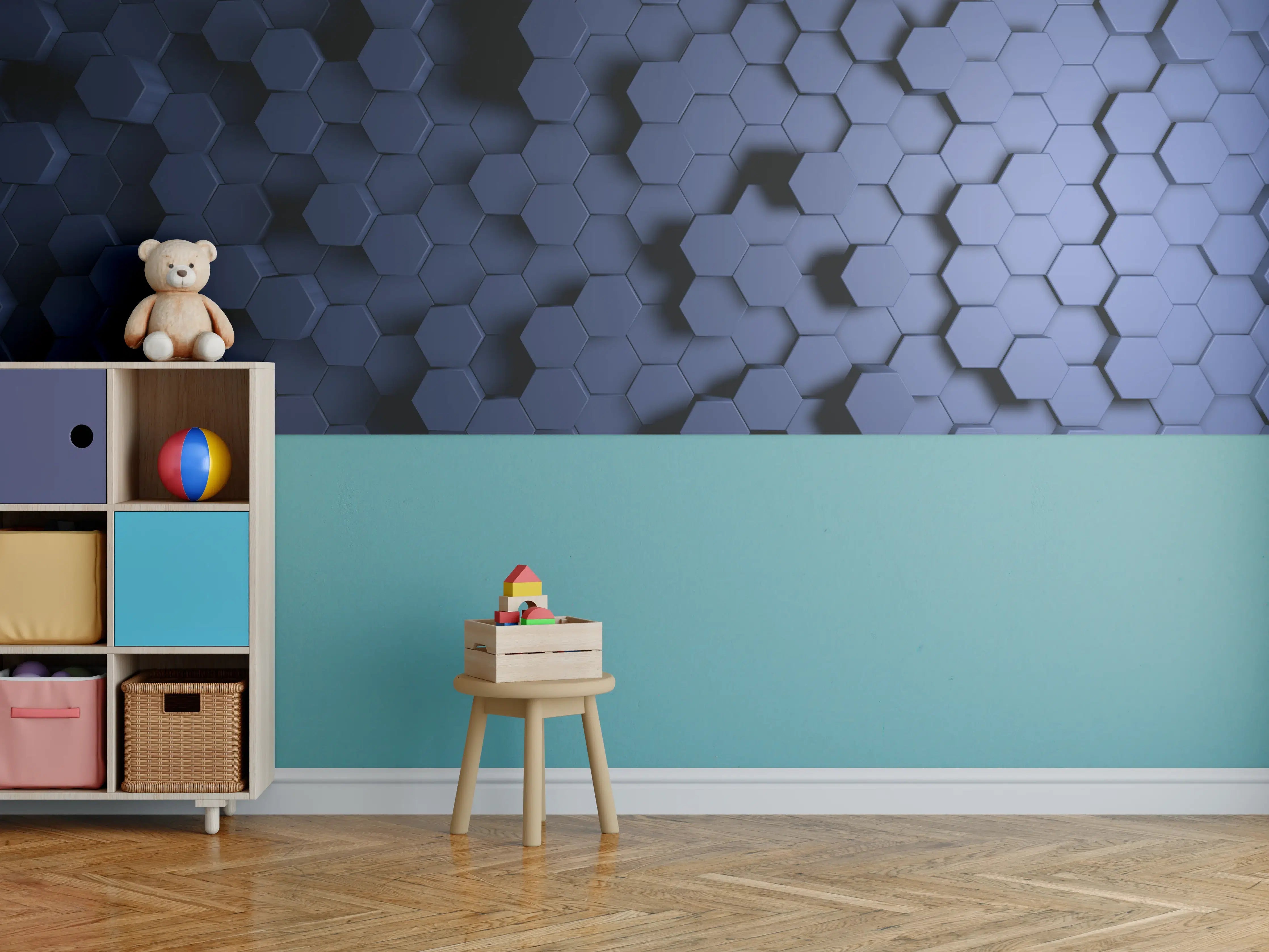 Kinderzimmer Wandgestaltung - Abstrakte Blau-Hexagon-Struktur