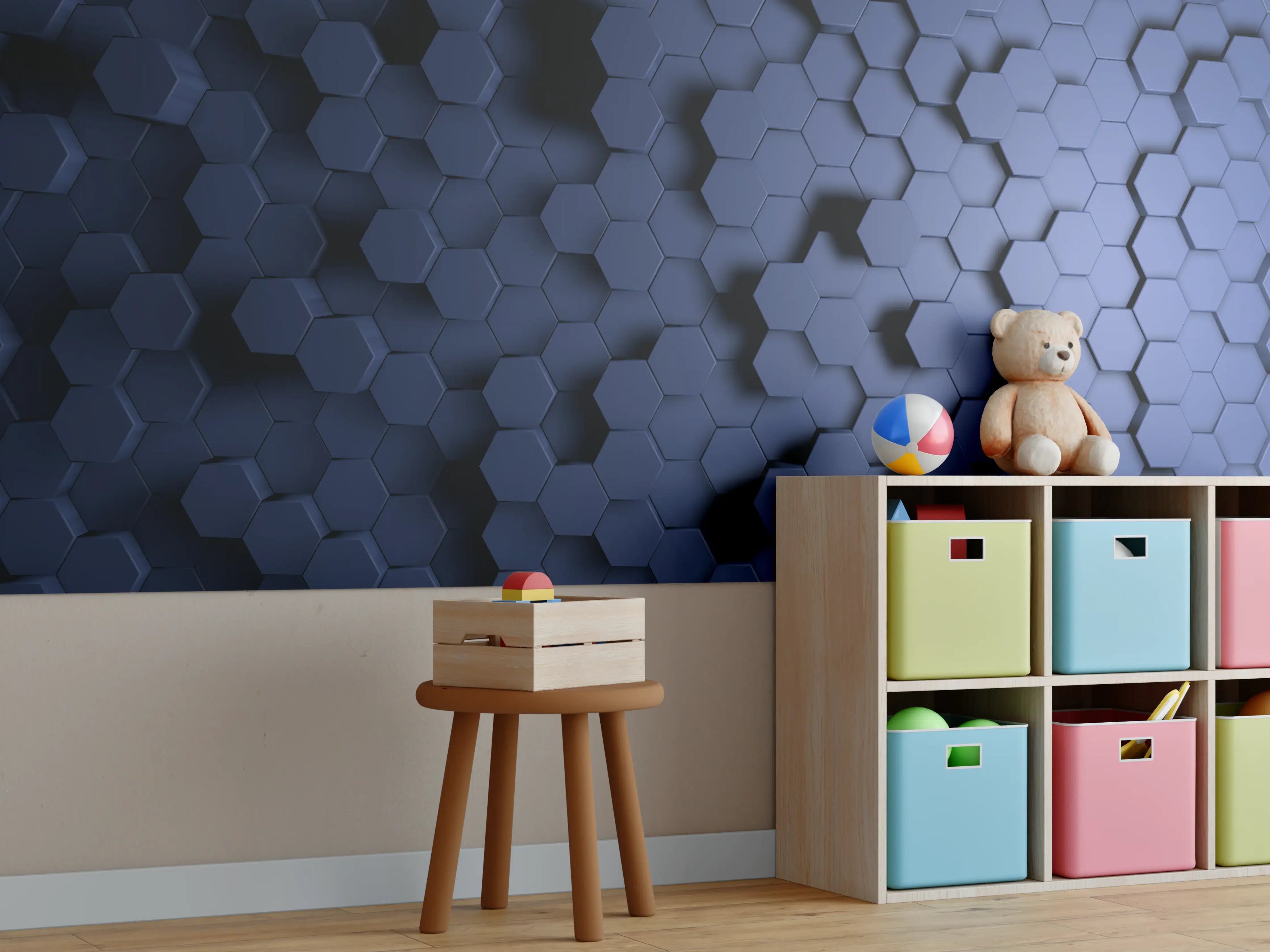 Kinderzimmer Wandgestaltung - Abstrakte Blau-Hexagon-Struktur