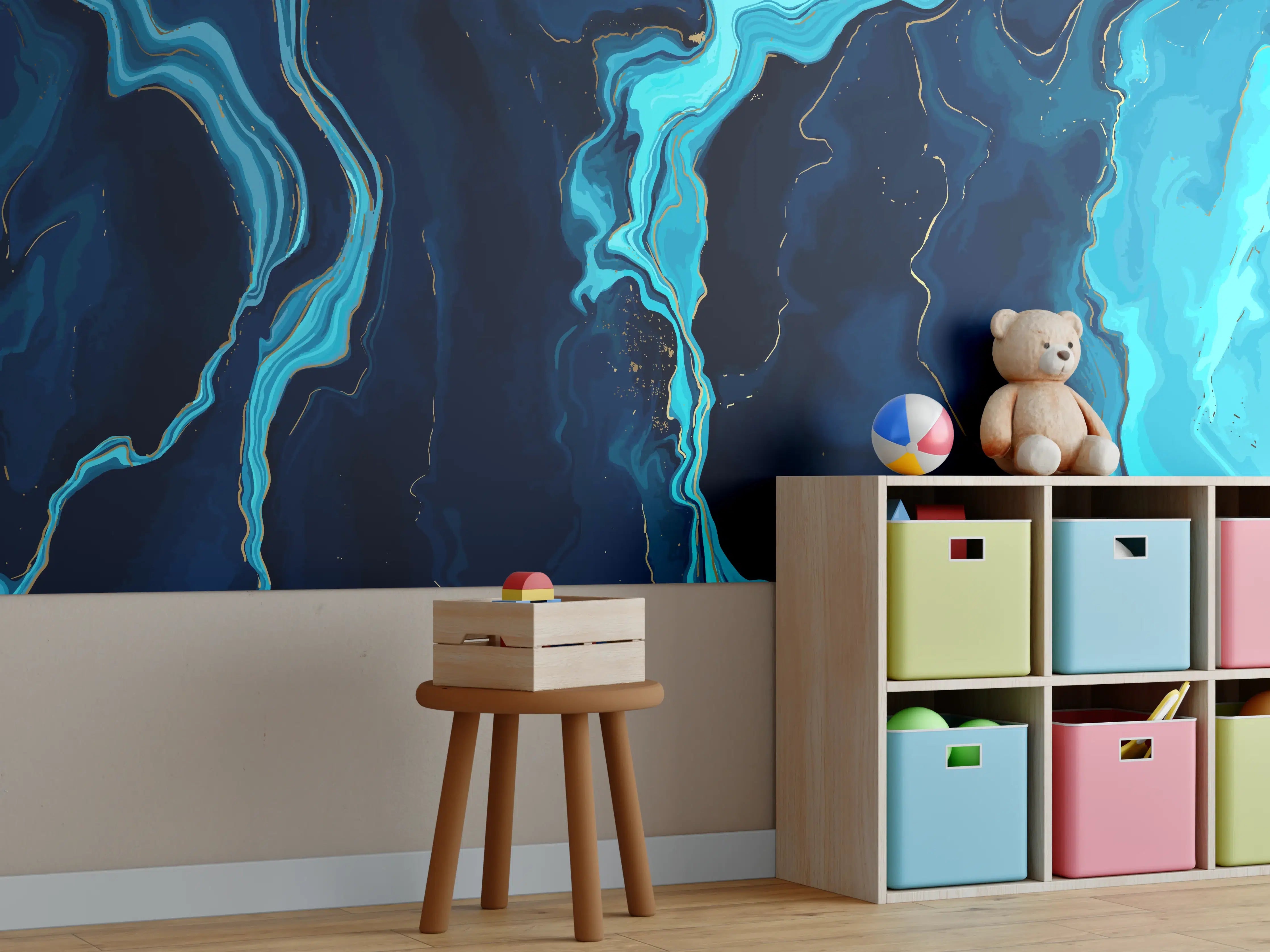Kinderzimmer Wandgestaltung - Abstrakte Blau-Türkis Fließkunst