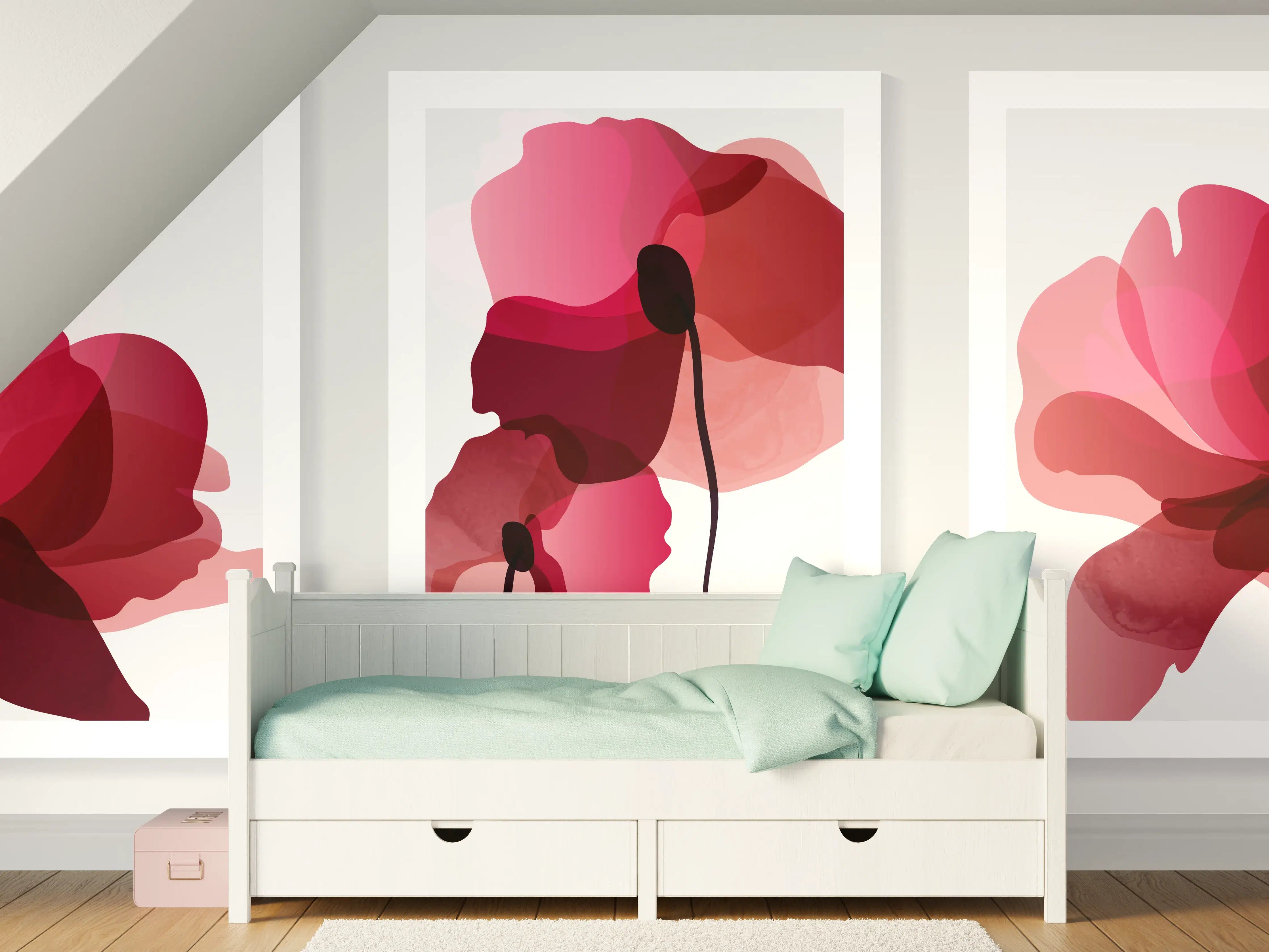 Kinderzimmer Wandgestaltung - Abstrakte Blüten Rot-Pink
