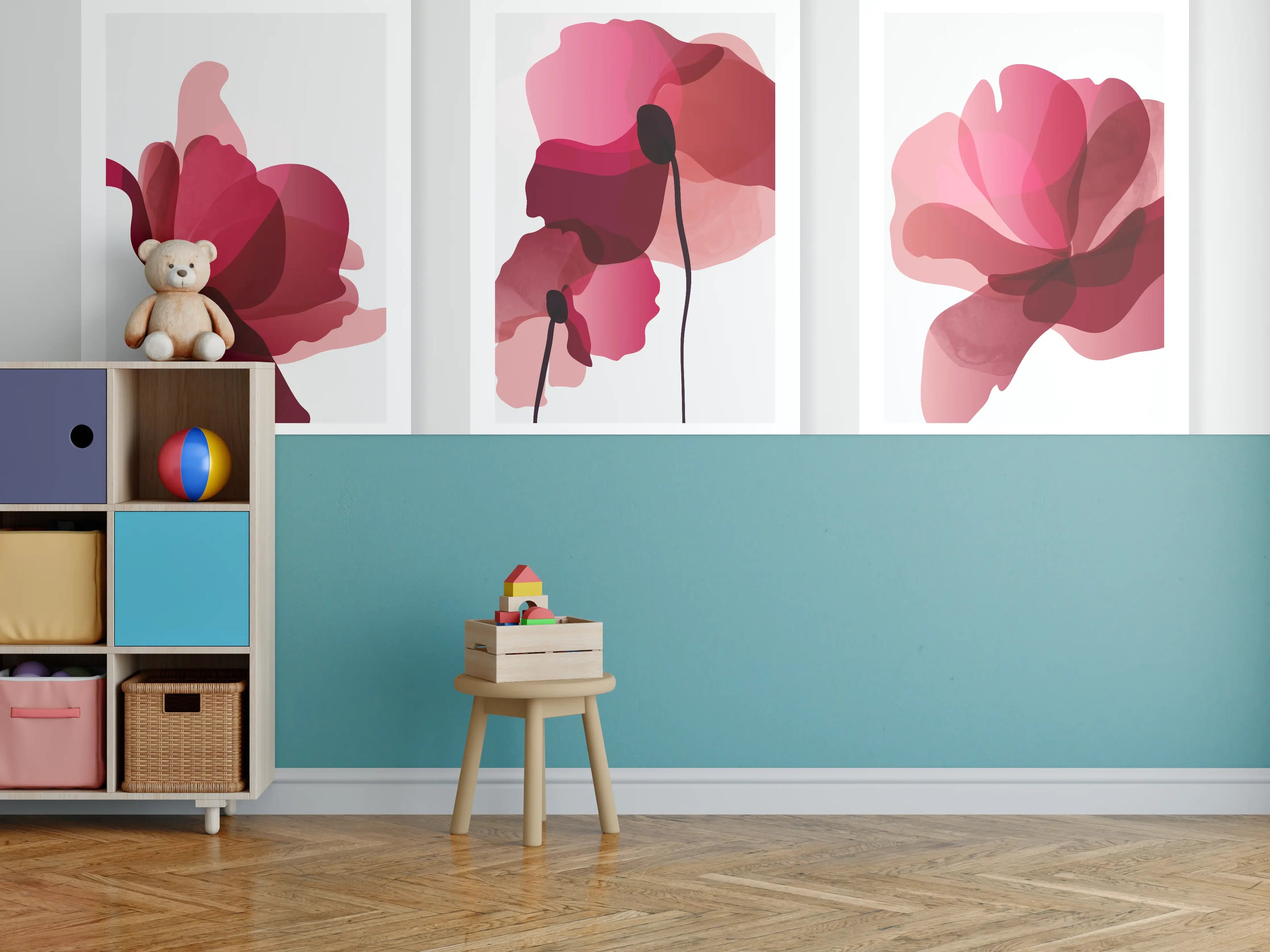 Kinderzimmer Wandgestaltung - Abstrakte Blüten Rot-Pink