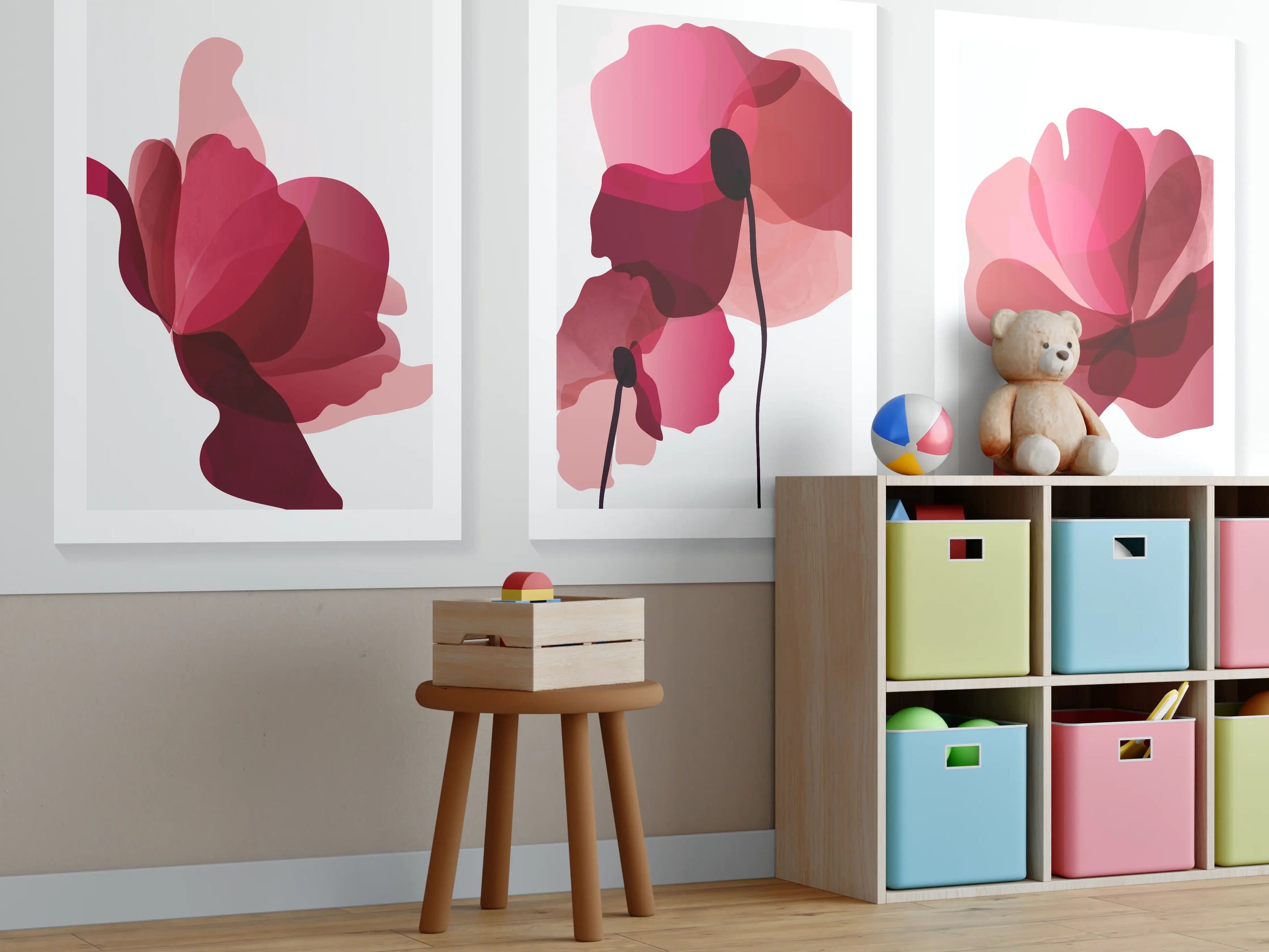 Kinderzimmer Wandgestaltung - Abstrakte Blüten Rot-Pink