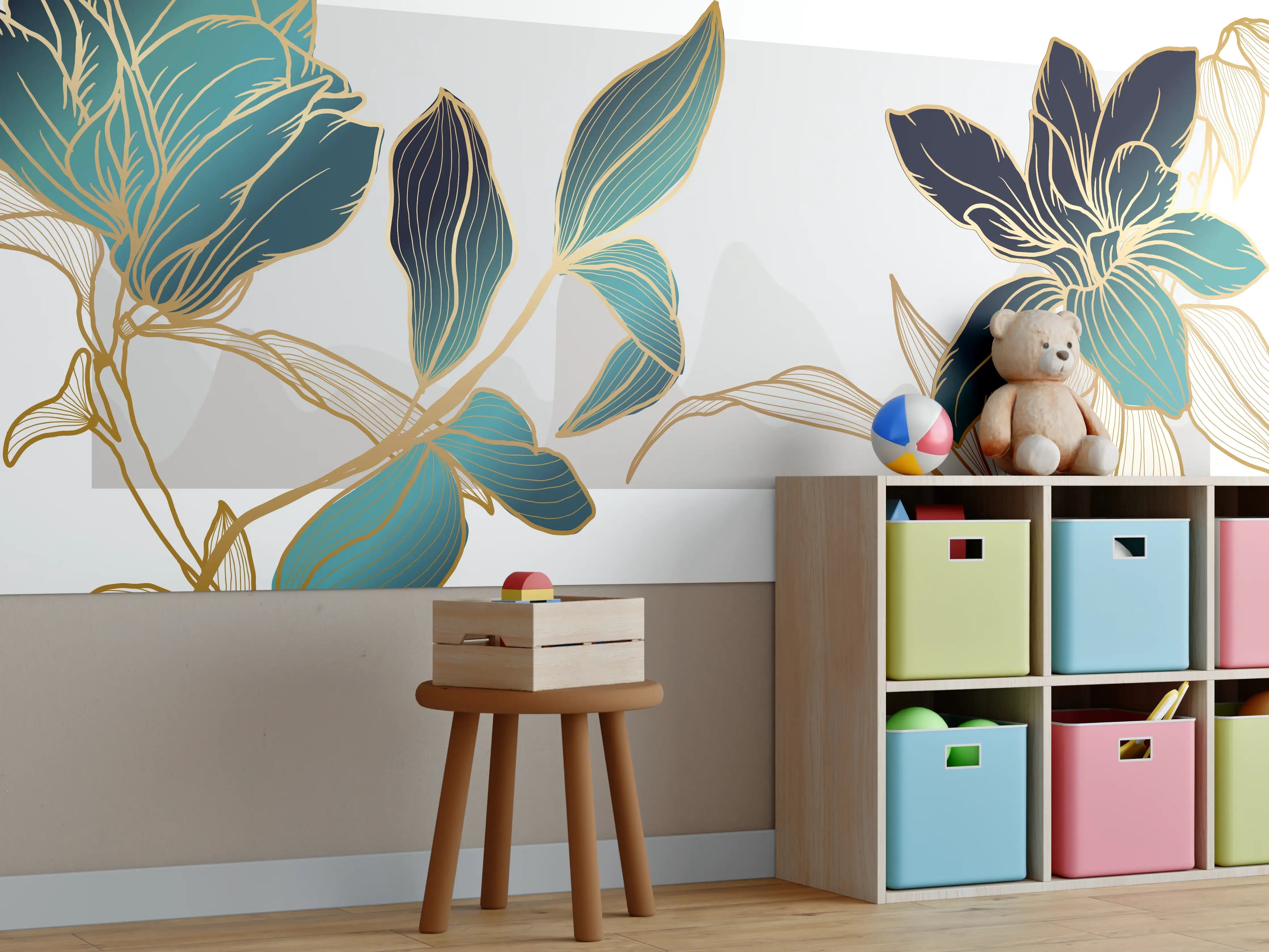 Kinderzimmer Wandgestaltung - Abstrakte Blumen Gold-Blau Illustration