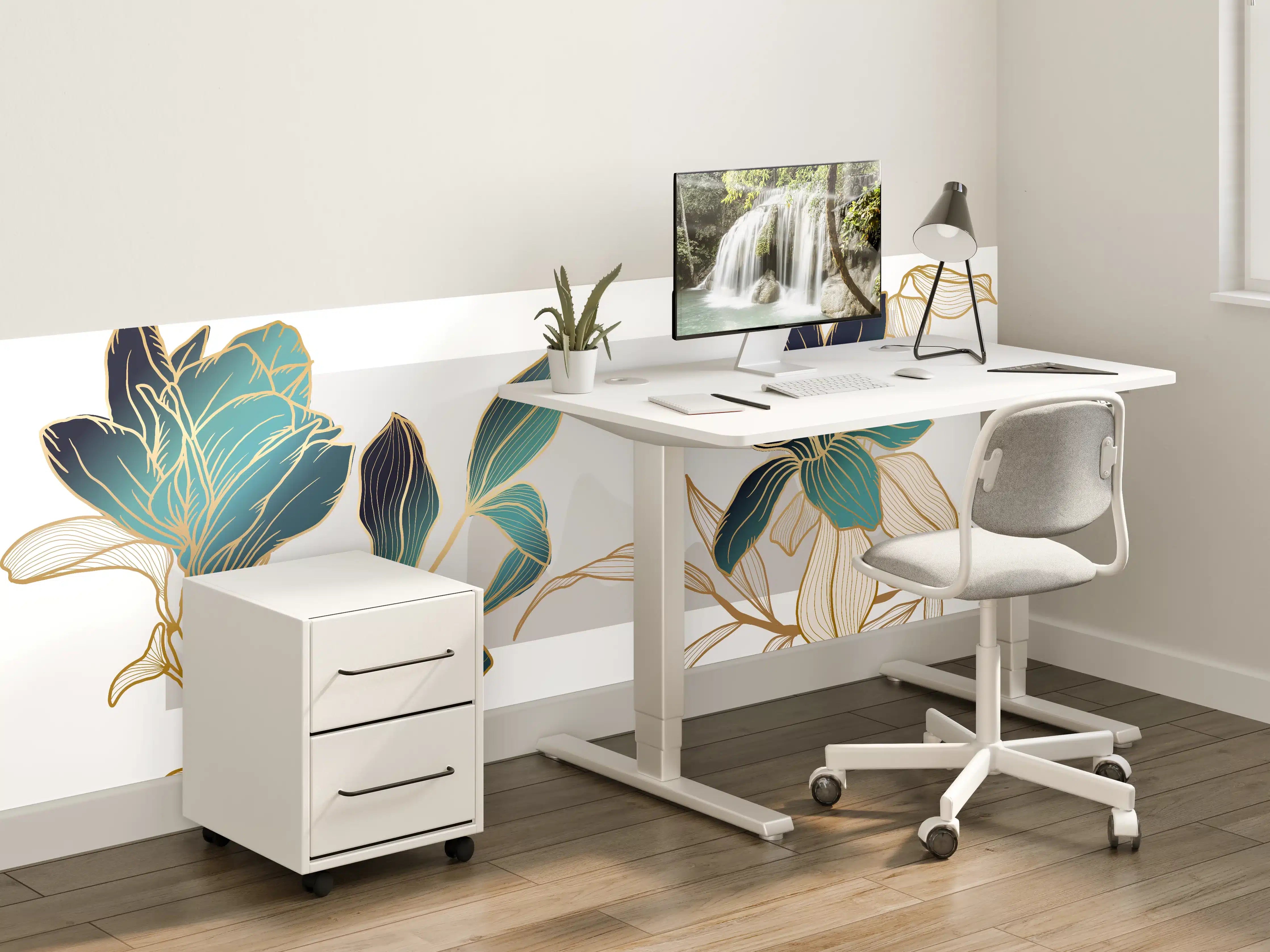 Kinderzimmer Wandgestaltung - Abstrakte Blumen Gold-Blau Illustration