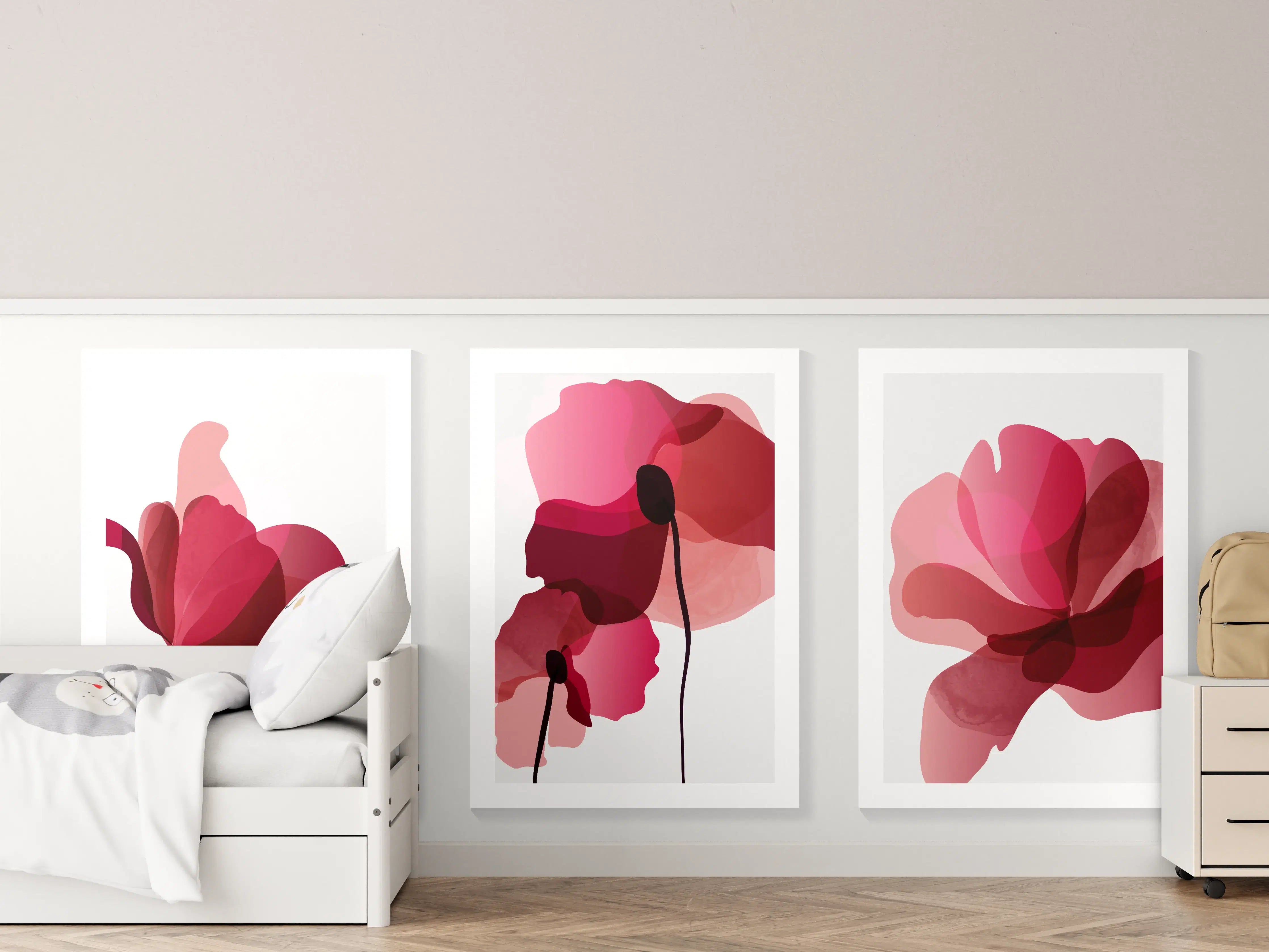 Kinderzimmer Wandgestaltung - Abstrakte Blumen Triptychon Rot