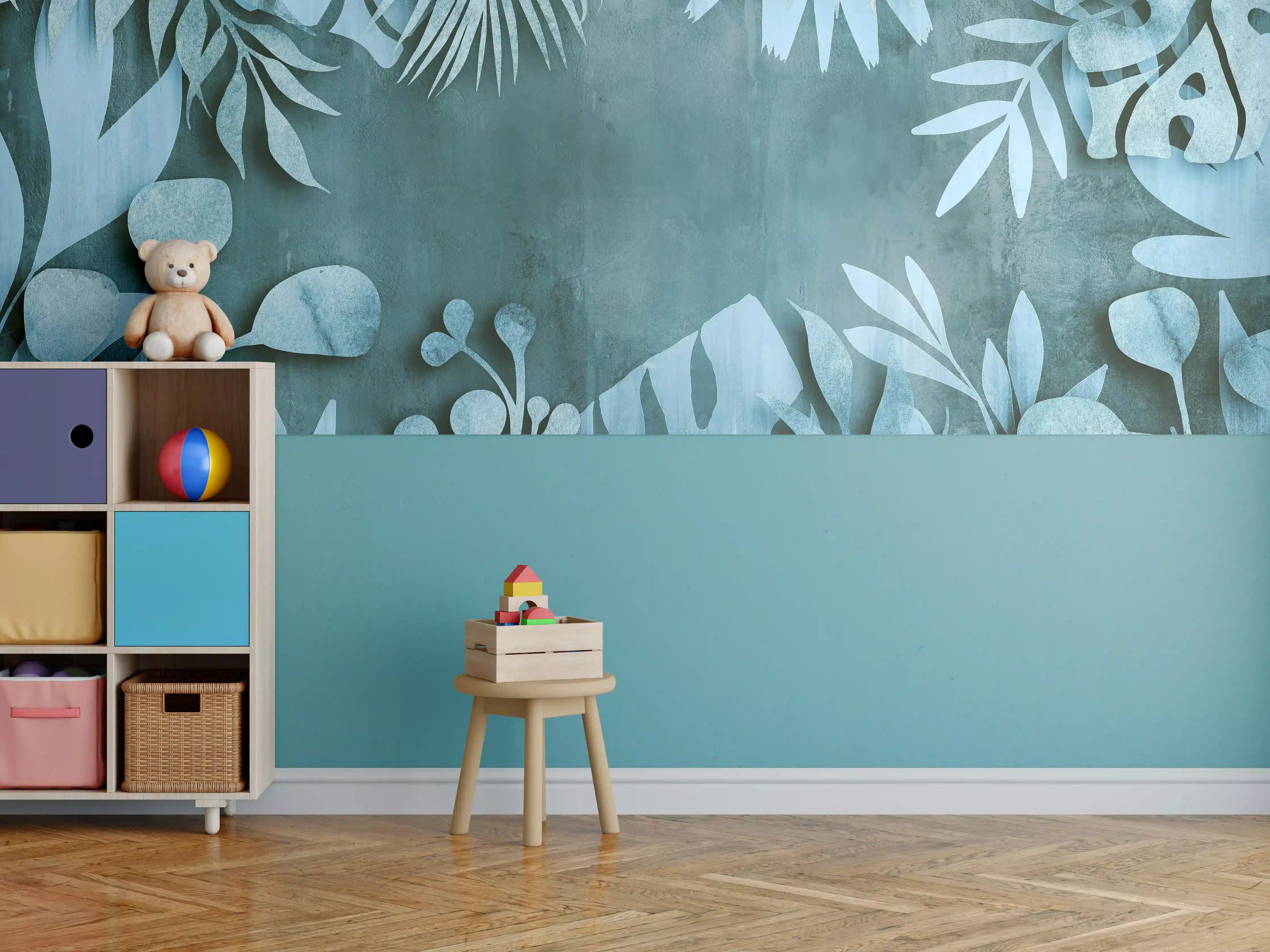 Kinderzimmer Wandgestaltung - Abstrakte Botanik in Blau-Türkis