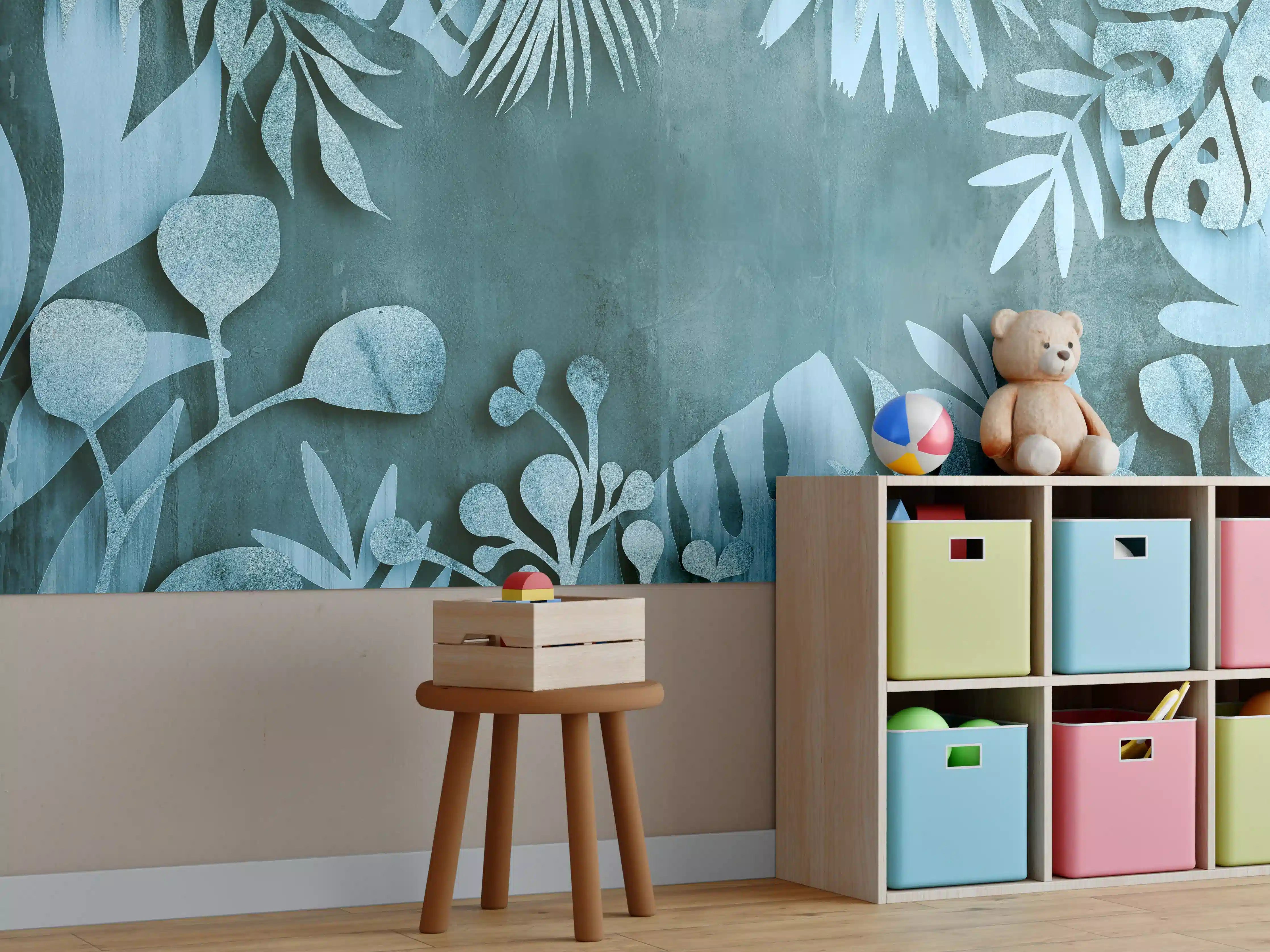 Kinderzimmer Wandgestaltung - Abstrakte Botanik in Blau-Türkis