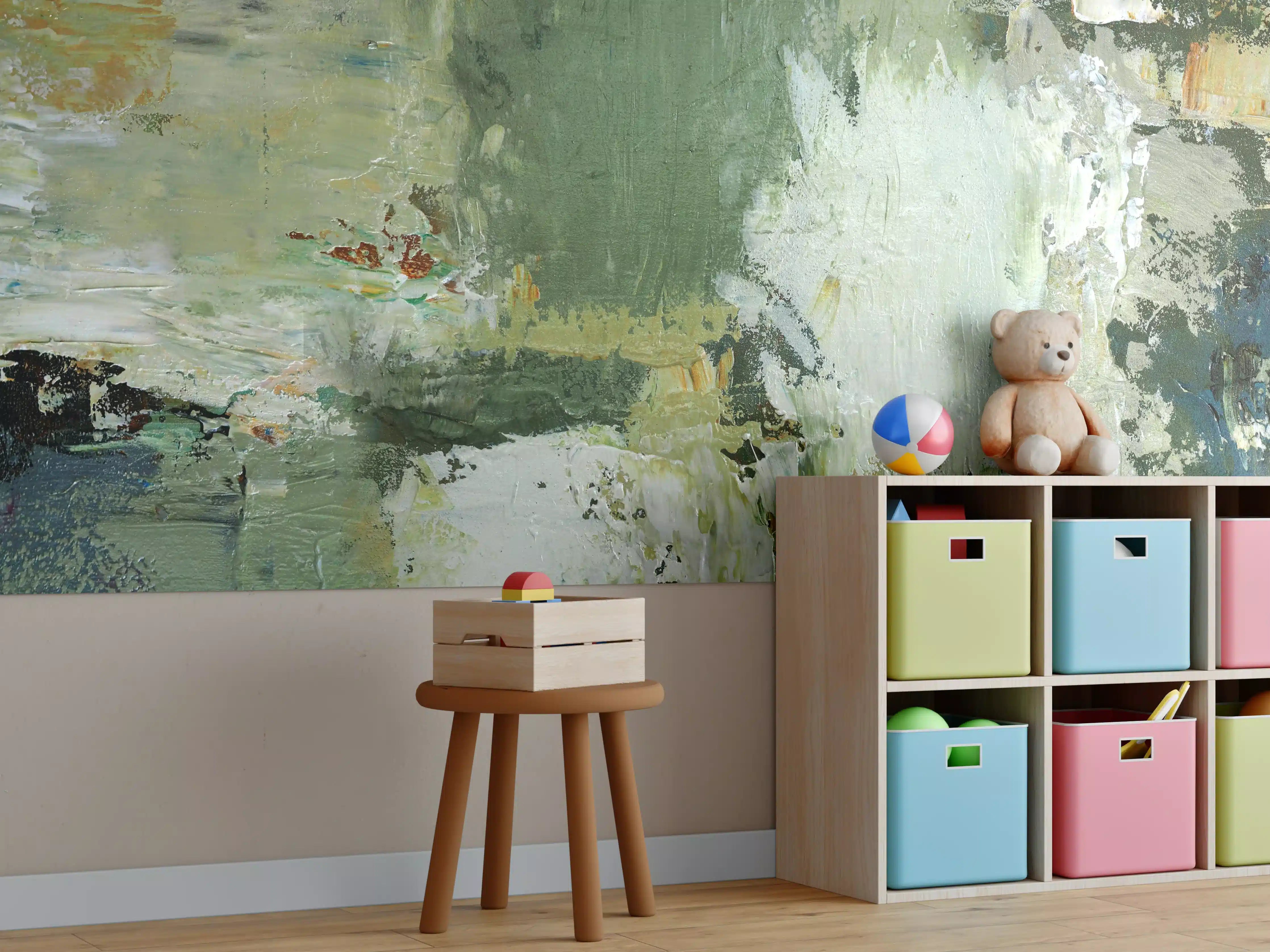 Kinderzimmer Wandgestaltung - Abstrakte Farbexplosion in Grün und Beige