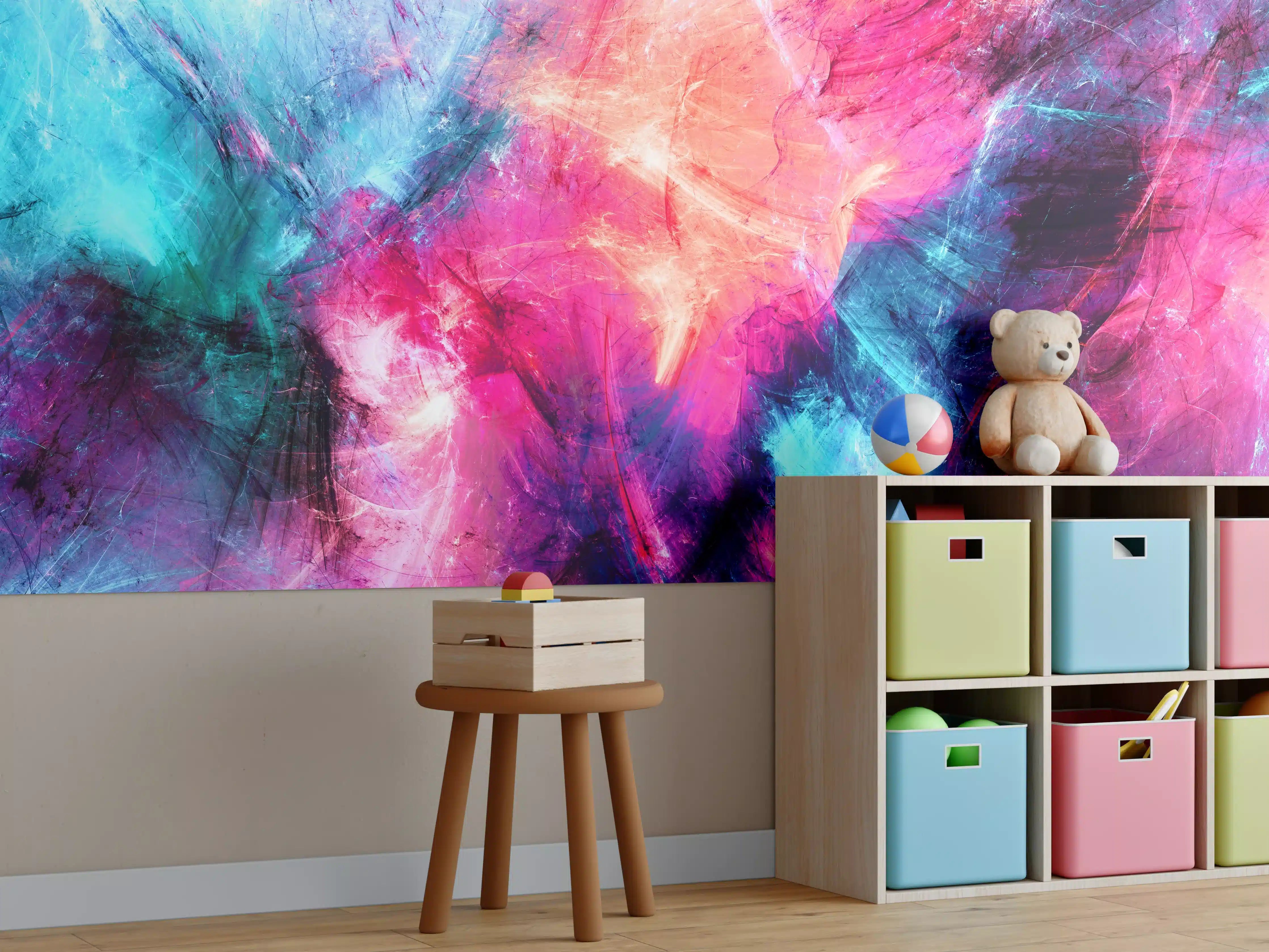 Kinderzimmer Wandgestaltung - Abstrakte Farbmischung in Neonfarben
