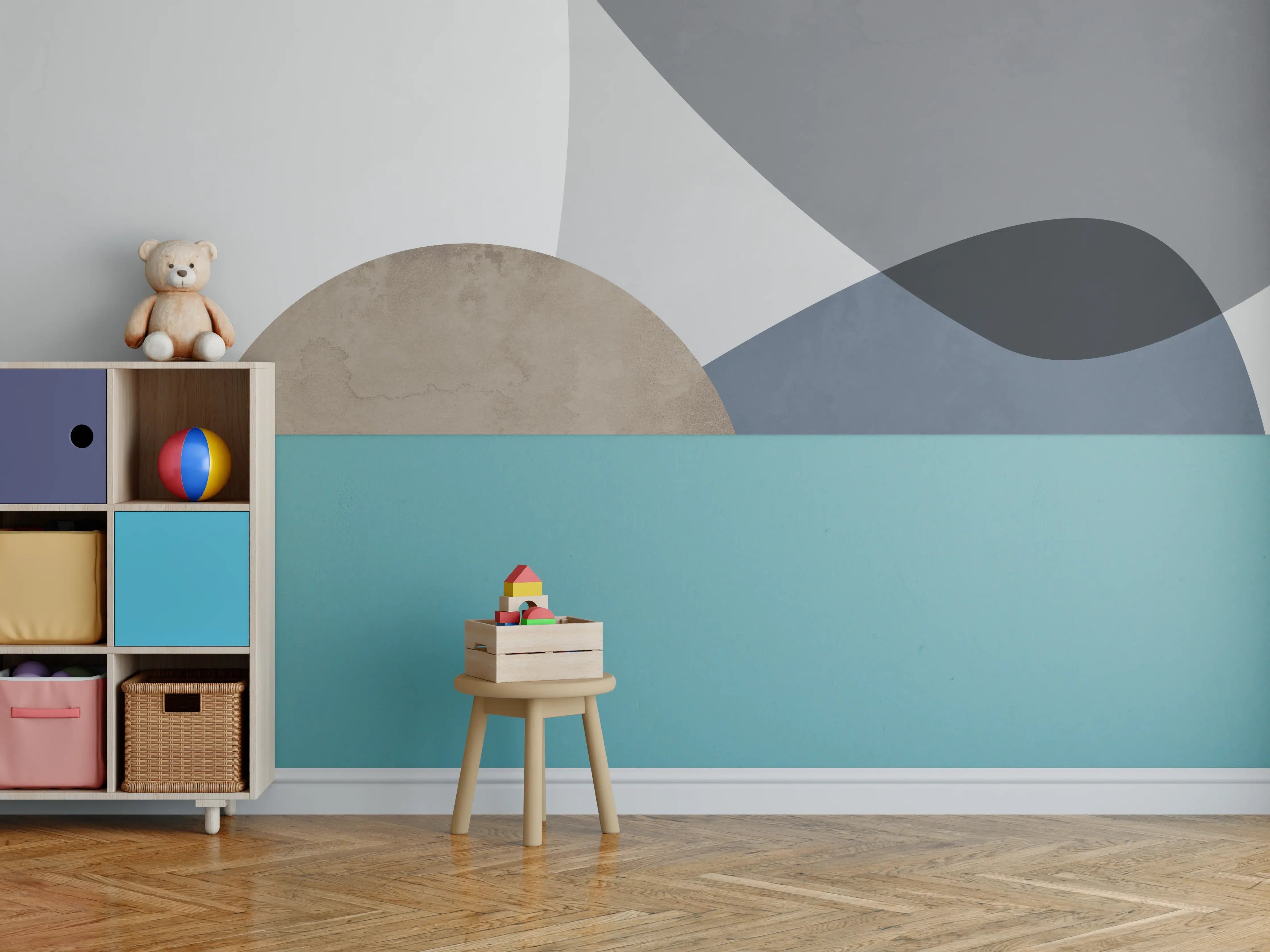 Kinderzimmer Wandgestaltung - Abstrakte Formen in Pastellblau