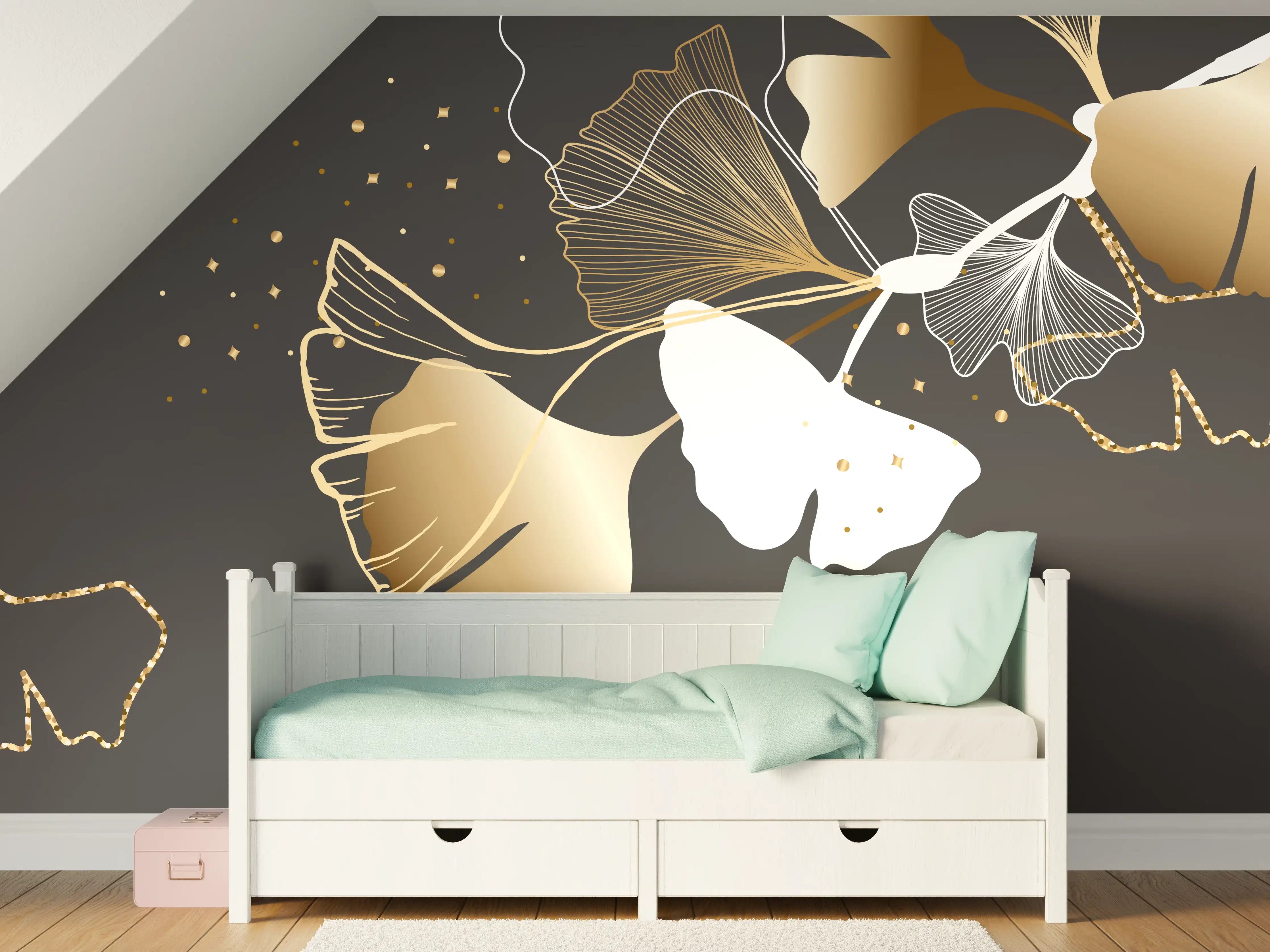Kinderzimmer Wandgestaltung - Abstrakte Ginkgo Muster Gold Schwarz