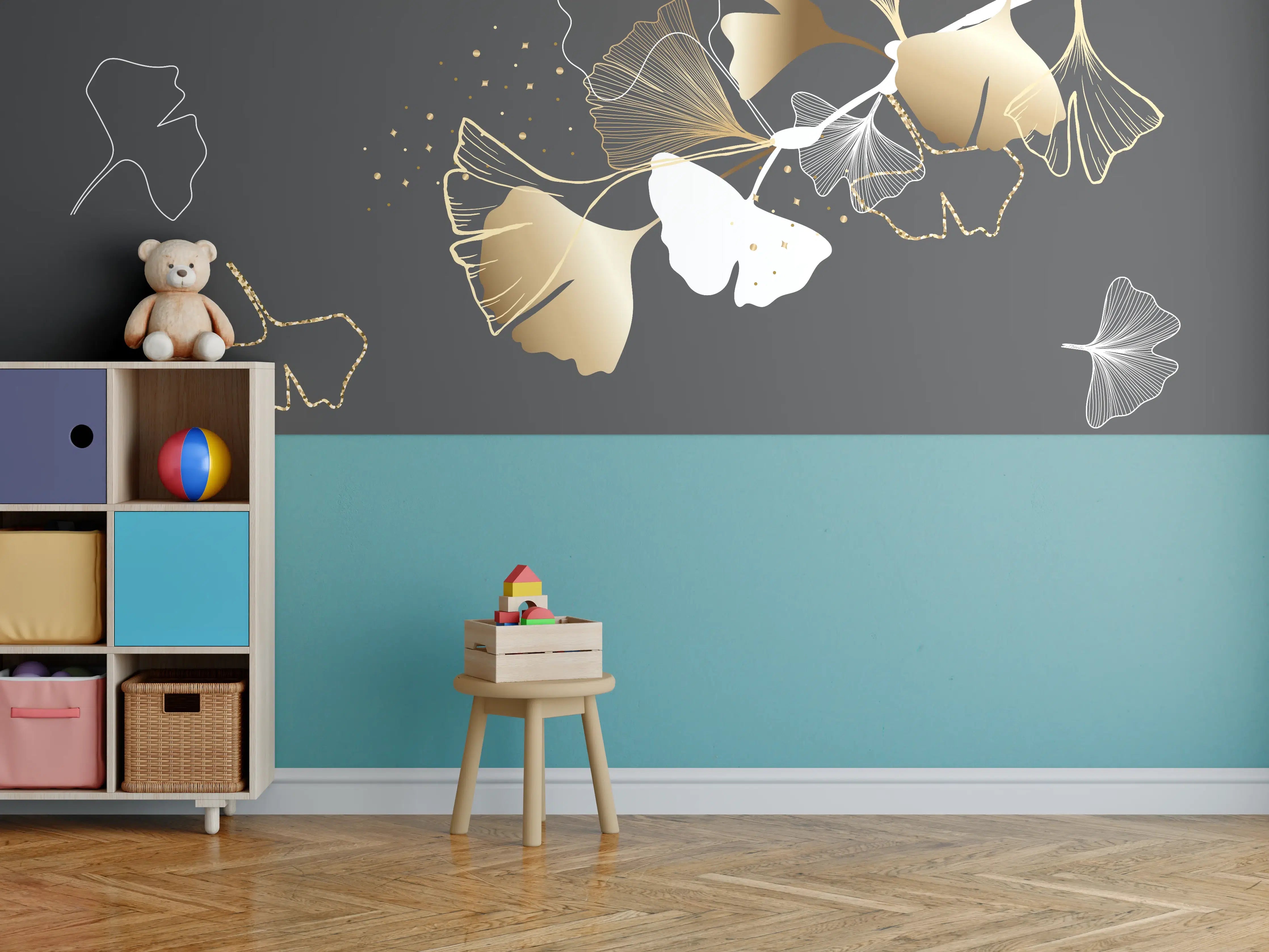 Kinderzimmer Wandgestaltung - Abstrakte Ginkgo Muster Gold Schwarz