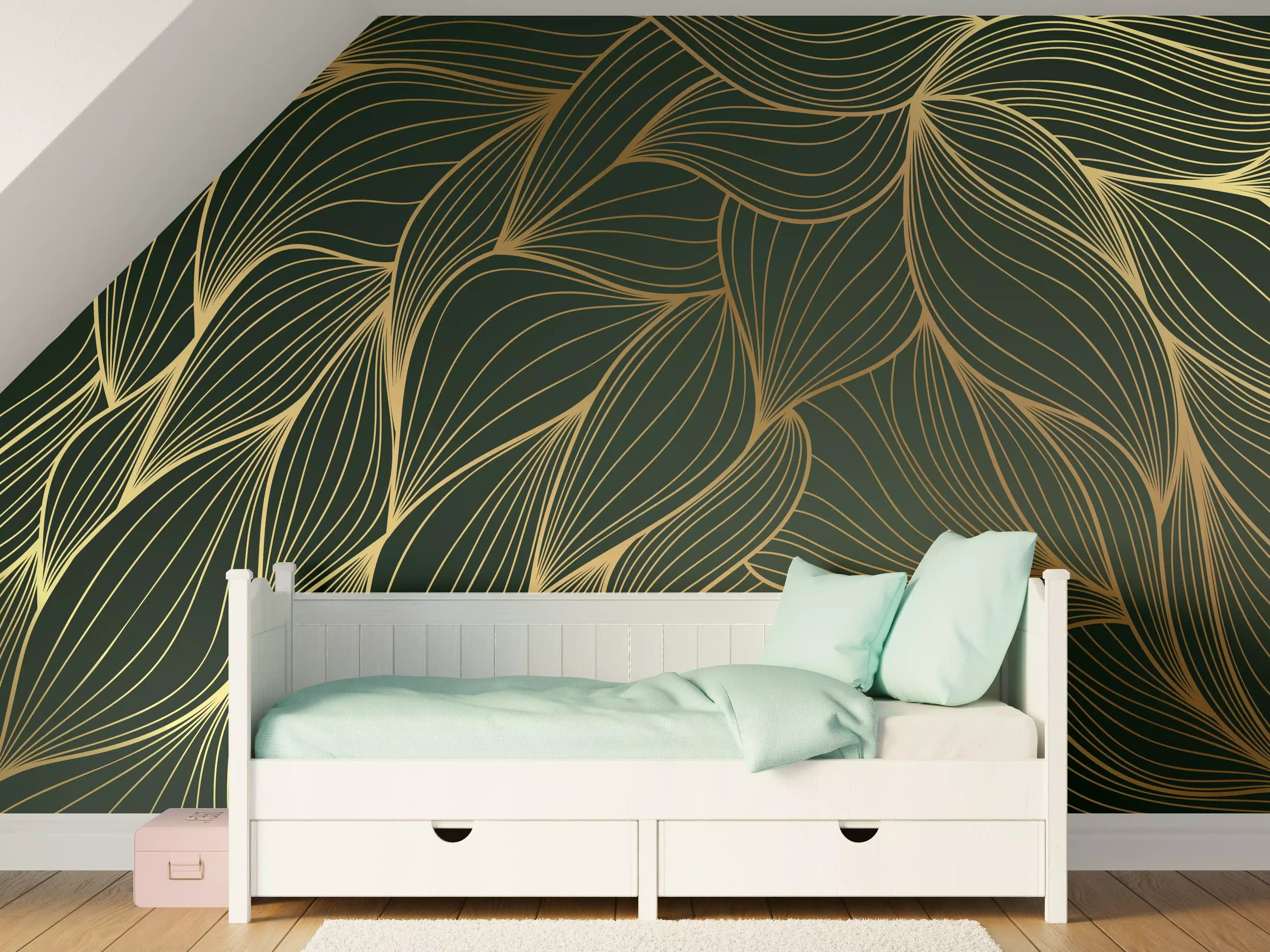 Kinderzimmer Wandgestaltung - Abstrakte Gold-Grün-Wellenmuster