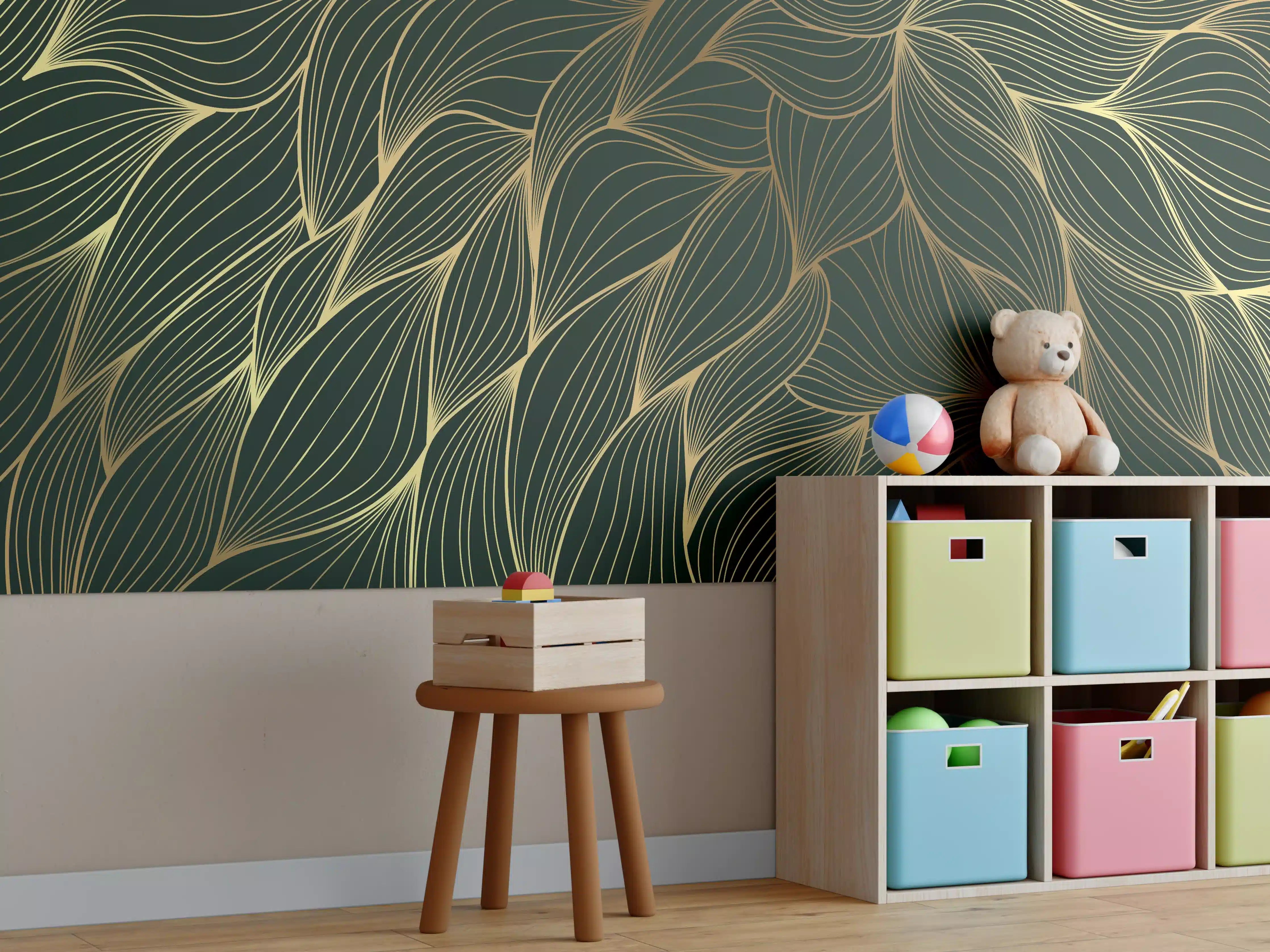 Kinderzimmer Wandgestaltung - Abstrakte Gold-Grün-Wellenmuster