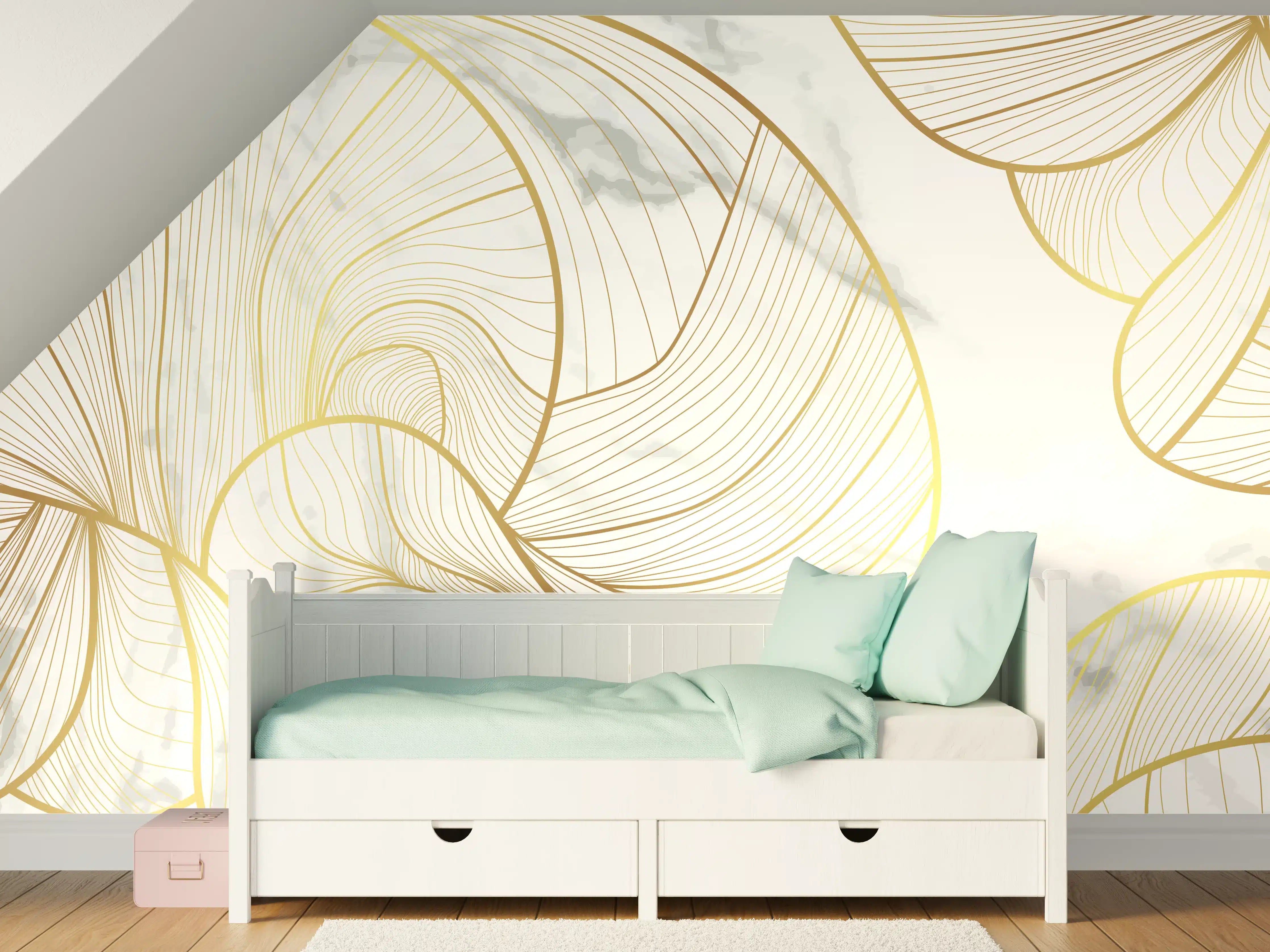 Kinderzimmer Wandgestaltung - Abstrakte Gold-Linien auf Weiß
