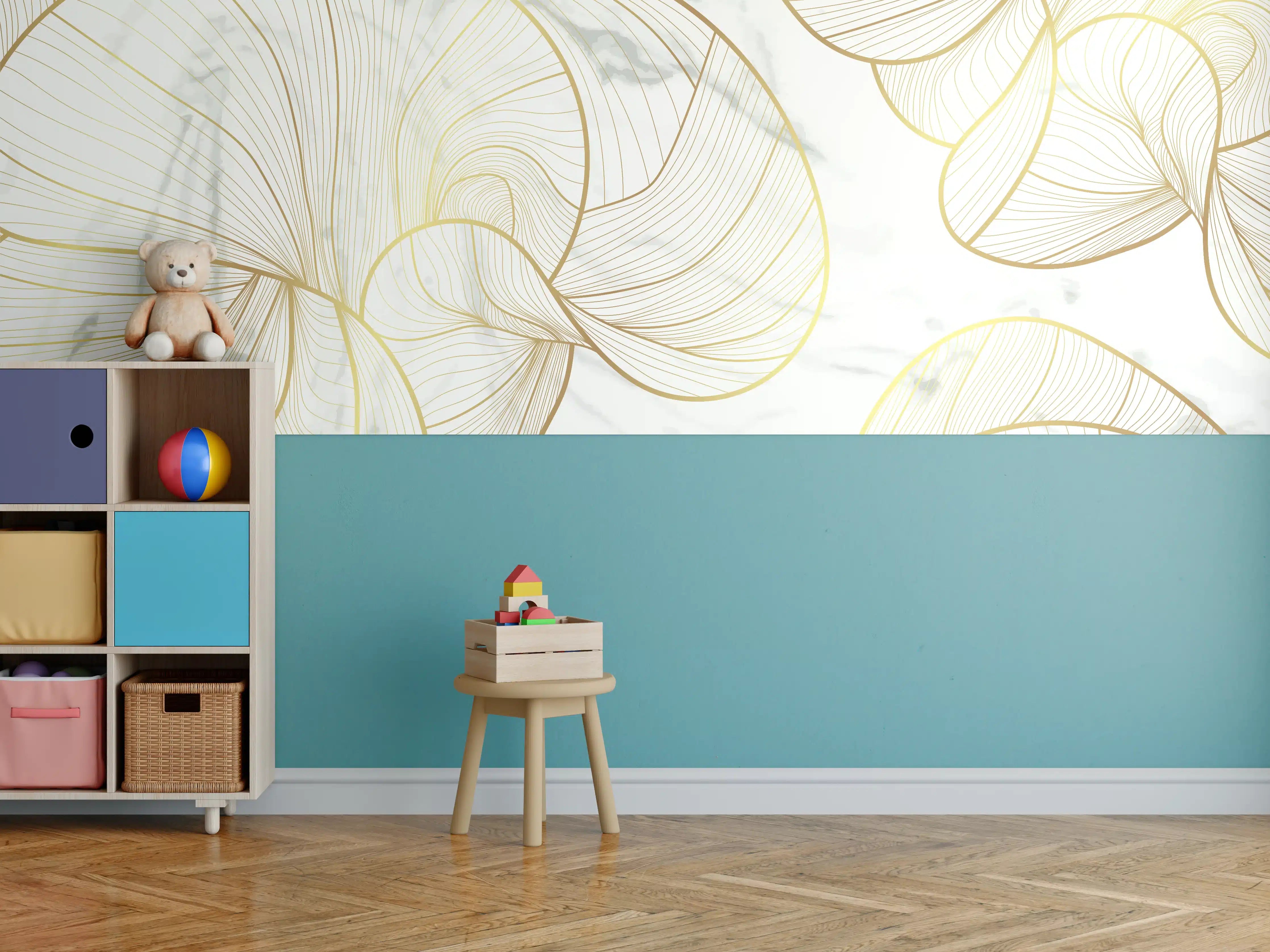 Kinderzimmer Wandgestaltung - Abstrakte Gold-Linien auf Weiß