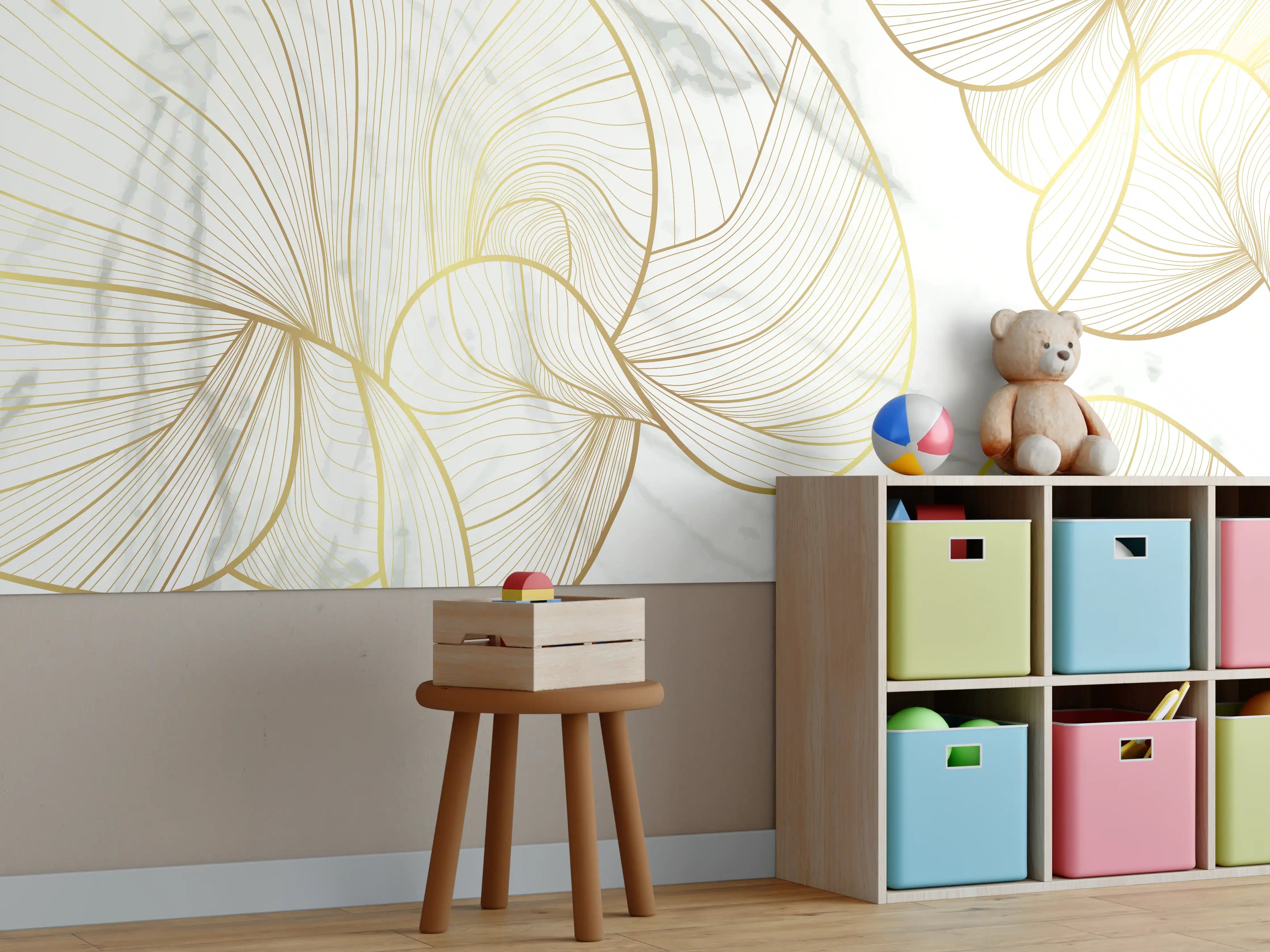 Kinderzimmer Wandgestaltung - Abstrakte Gold-Linien auf Weiß