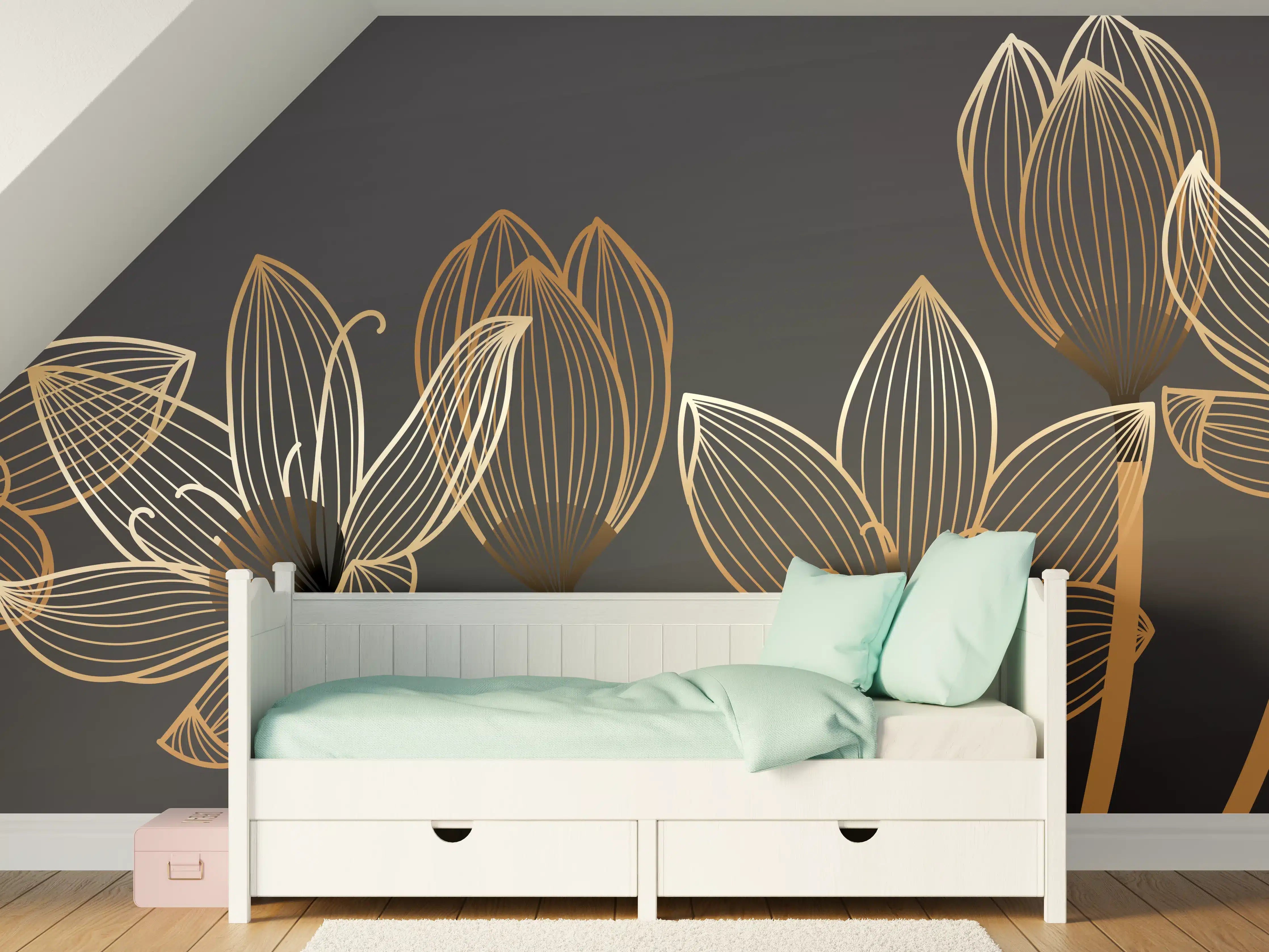 Kinderzimmer Wandgestaltung - Abstrakte Gold-Schwarz Blumen Linienart