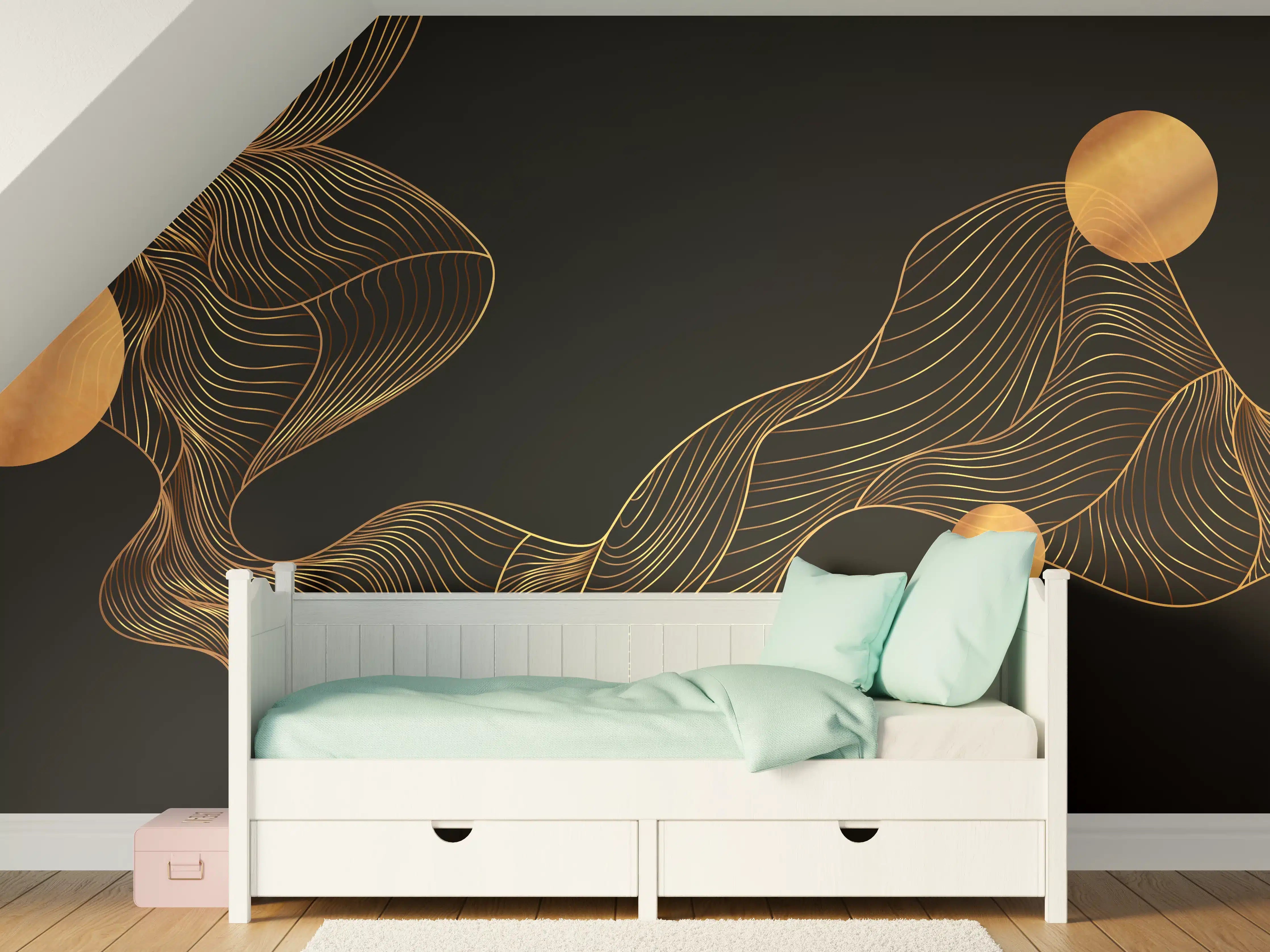 Kinderzimmer Wandgestaltung - Abstrakte Gold-Schwarz Linienkunst