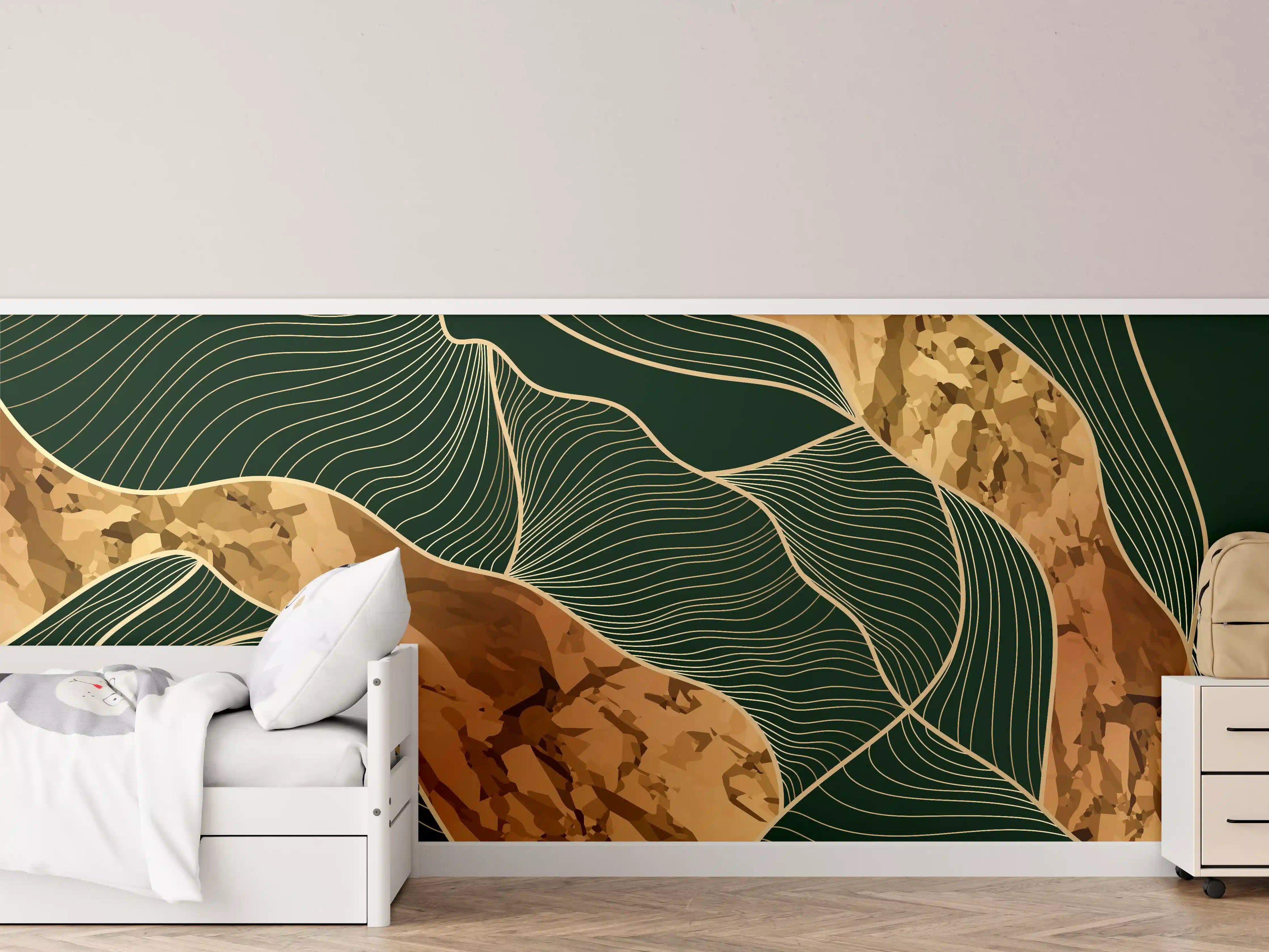 Kinderzimmer Wandgestaltung - Abstrakte Goldbraun-Linien Kunst