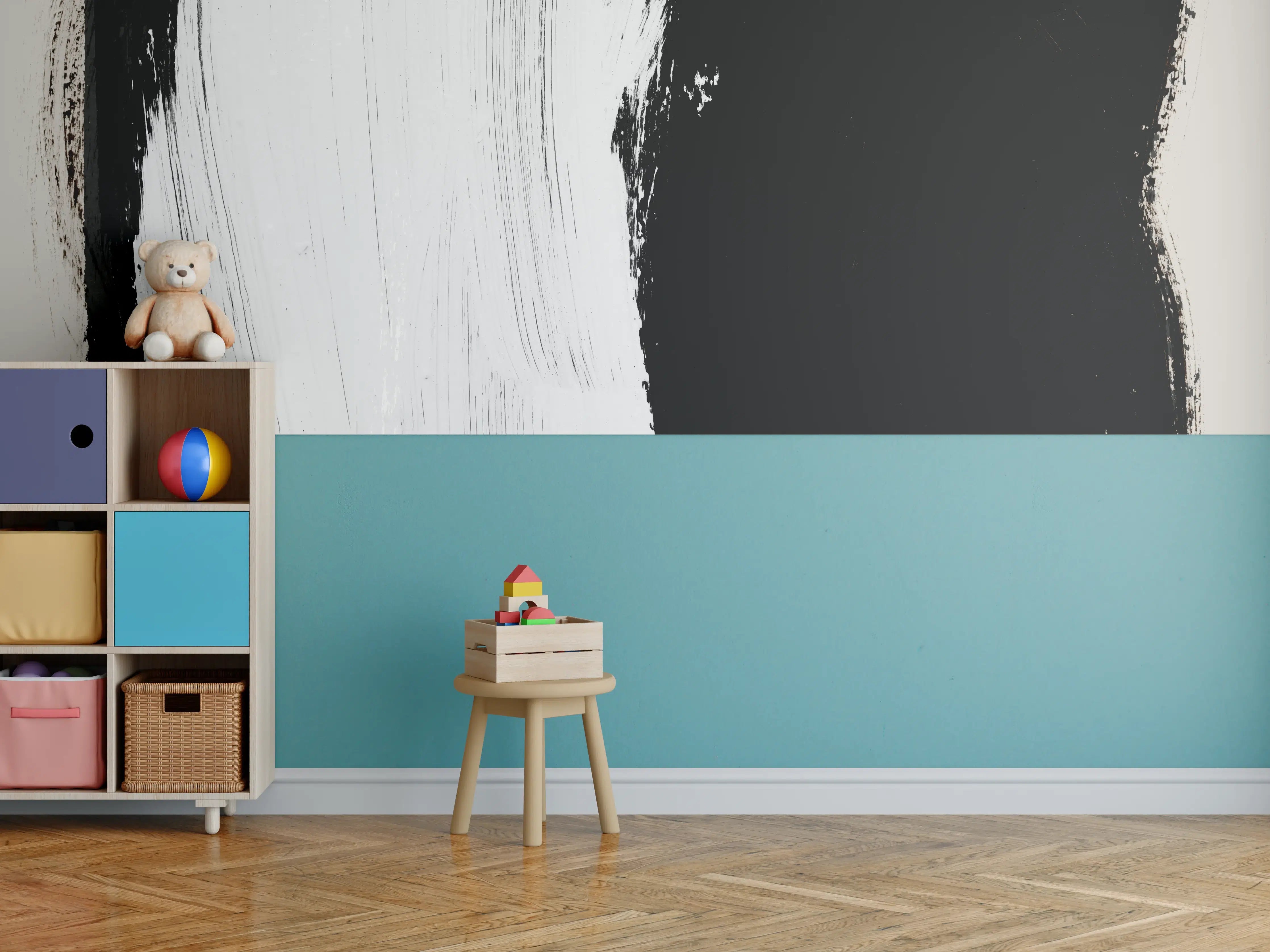 Kinderzimmer Wandgestaltung - Abstrakte Grau-Schwarz Pinselstriche