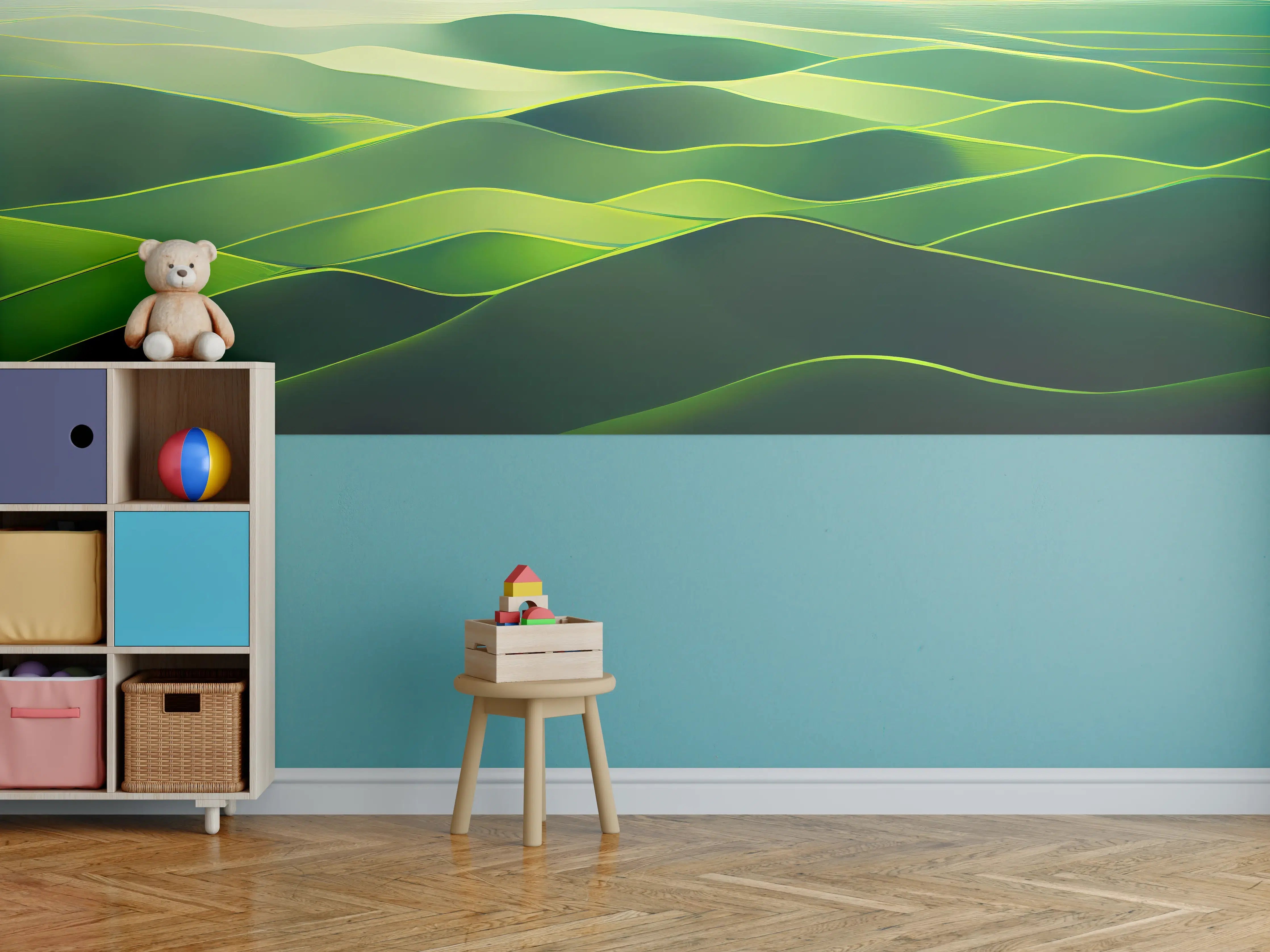 Kinderzimmer Wandgestaltung - Abstrakte Grüne Landschaft Illustration