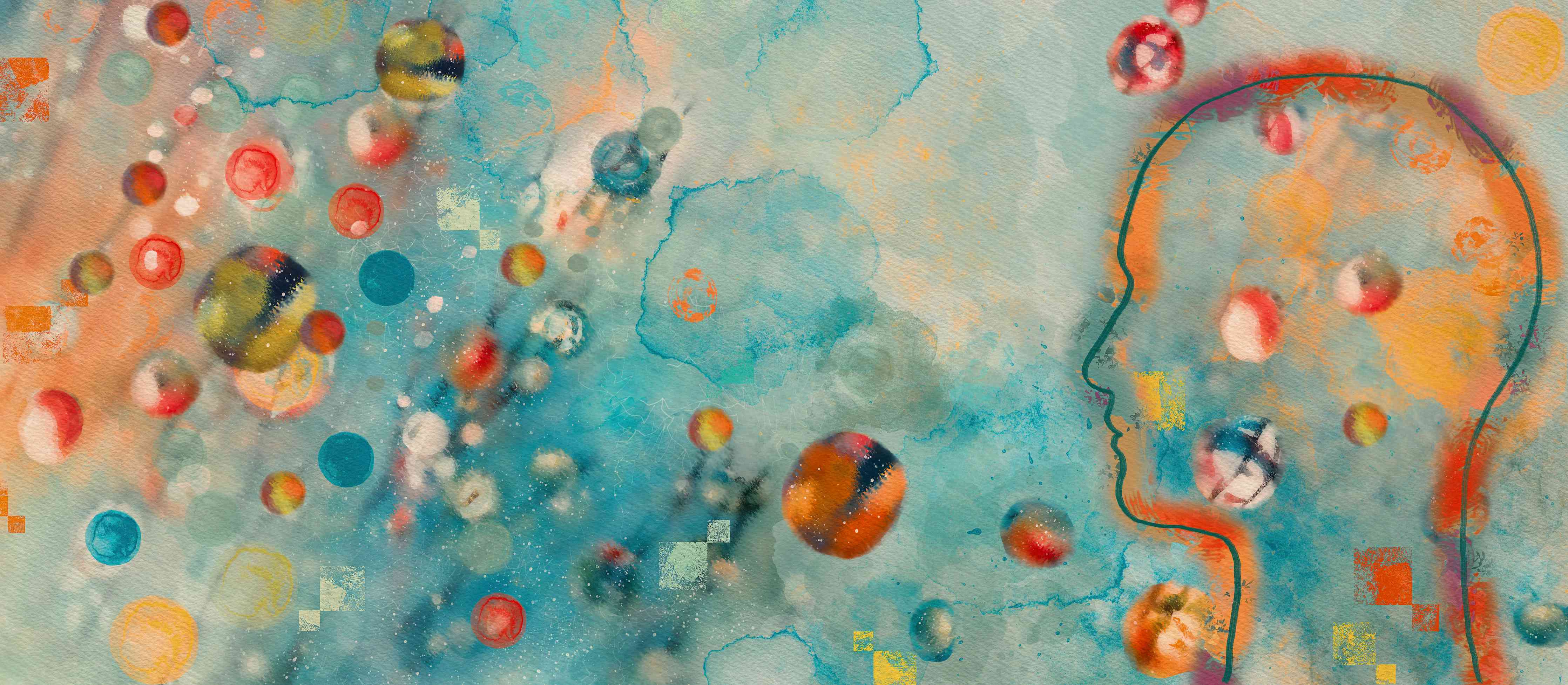 Kinderzimmer Wandgestaltung-Abstrakte Kunstdruck mit bunten Farbklecksen und hellblauem Himmelshintergrund