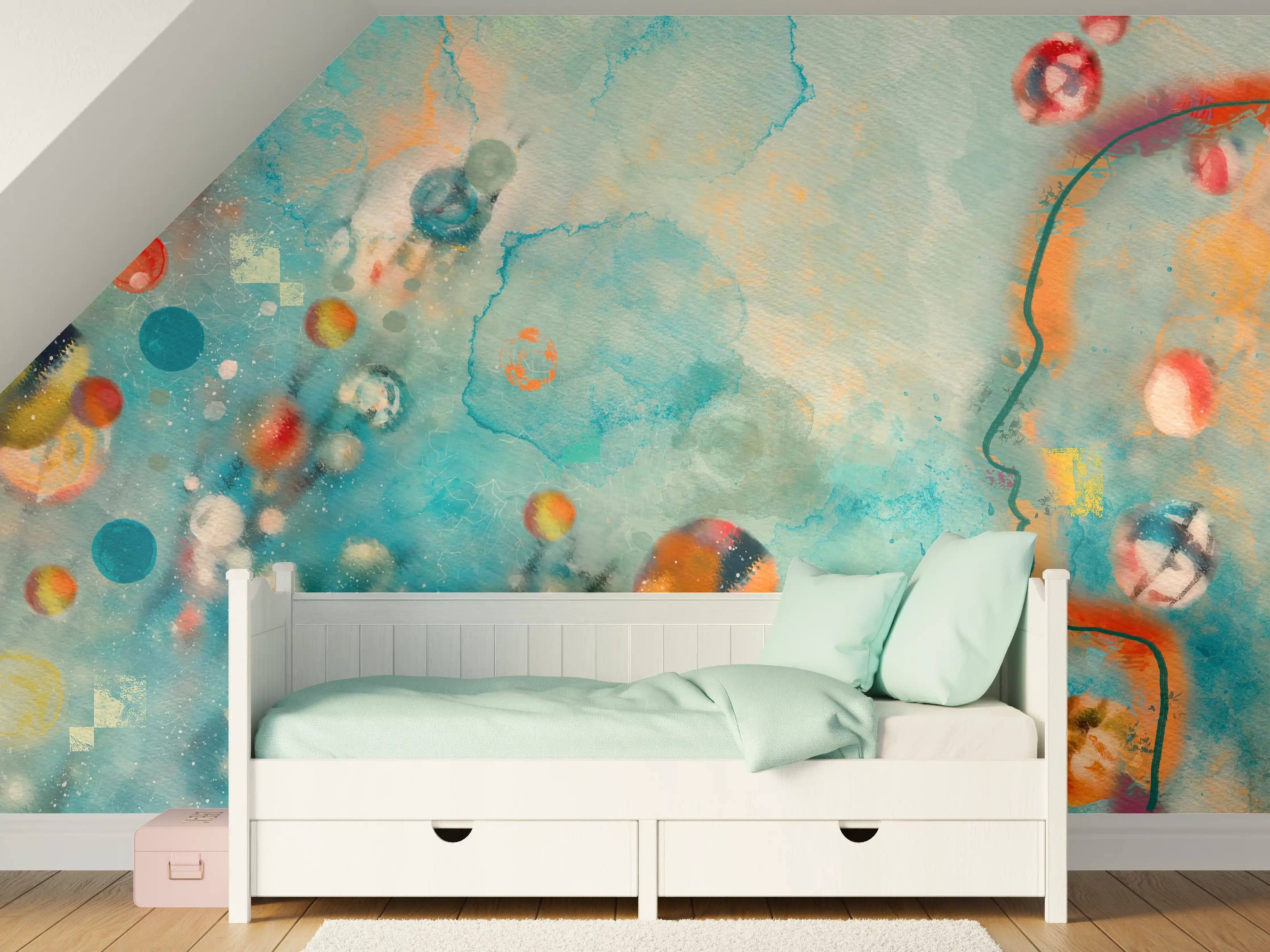 Kinderzimmer Wandgestaltung - Abstrakte Kunstdruck mit bunten Farbklecksen und hellblauem Himmelshintergrund