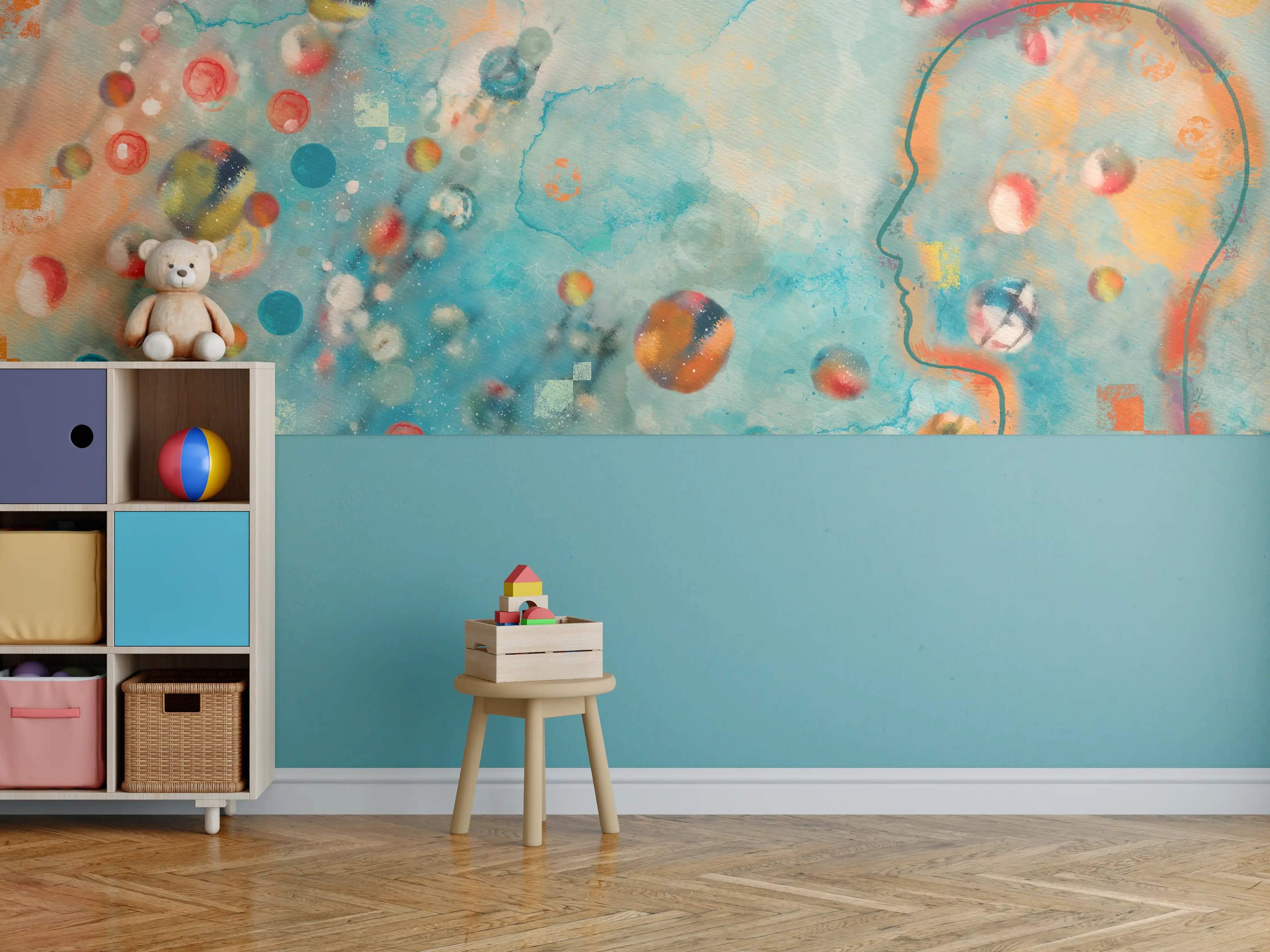 Kinderzimmer Wandgestaltung - Abstrakte Kunstdruck mit bunten Farbklecksen und hellblauem Himmelshintergrund