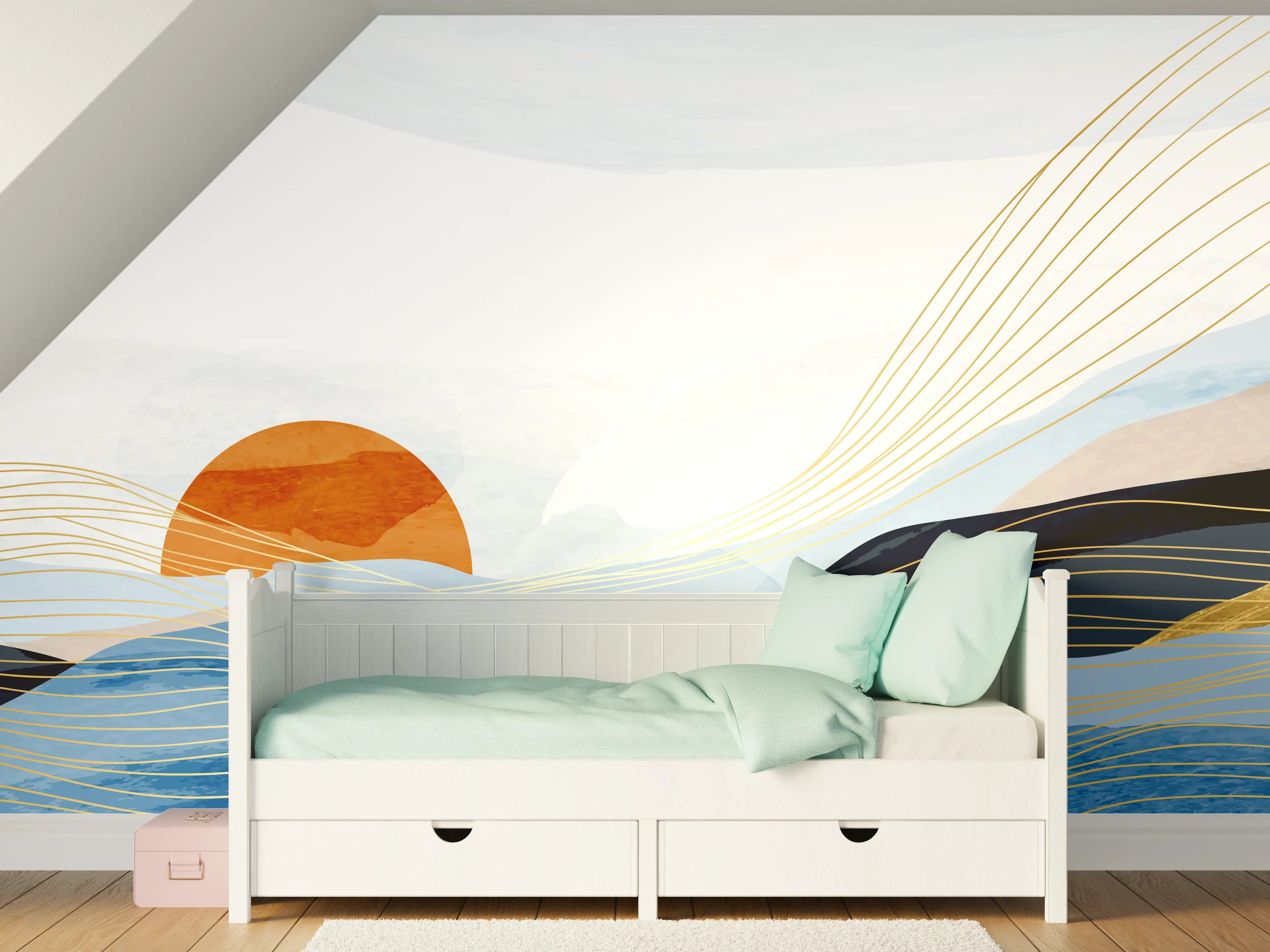 Kinderzimmer Wandgestaltung - Abstrakte Landschaft mit Sonnenuntergang