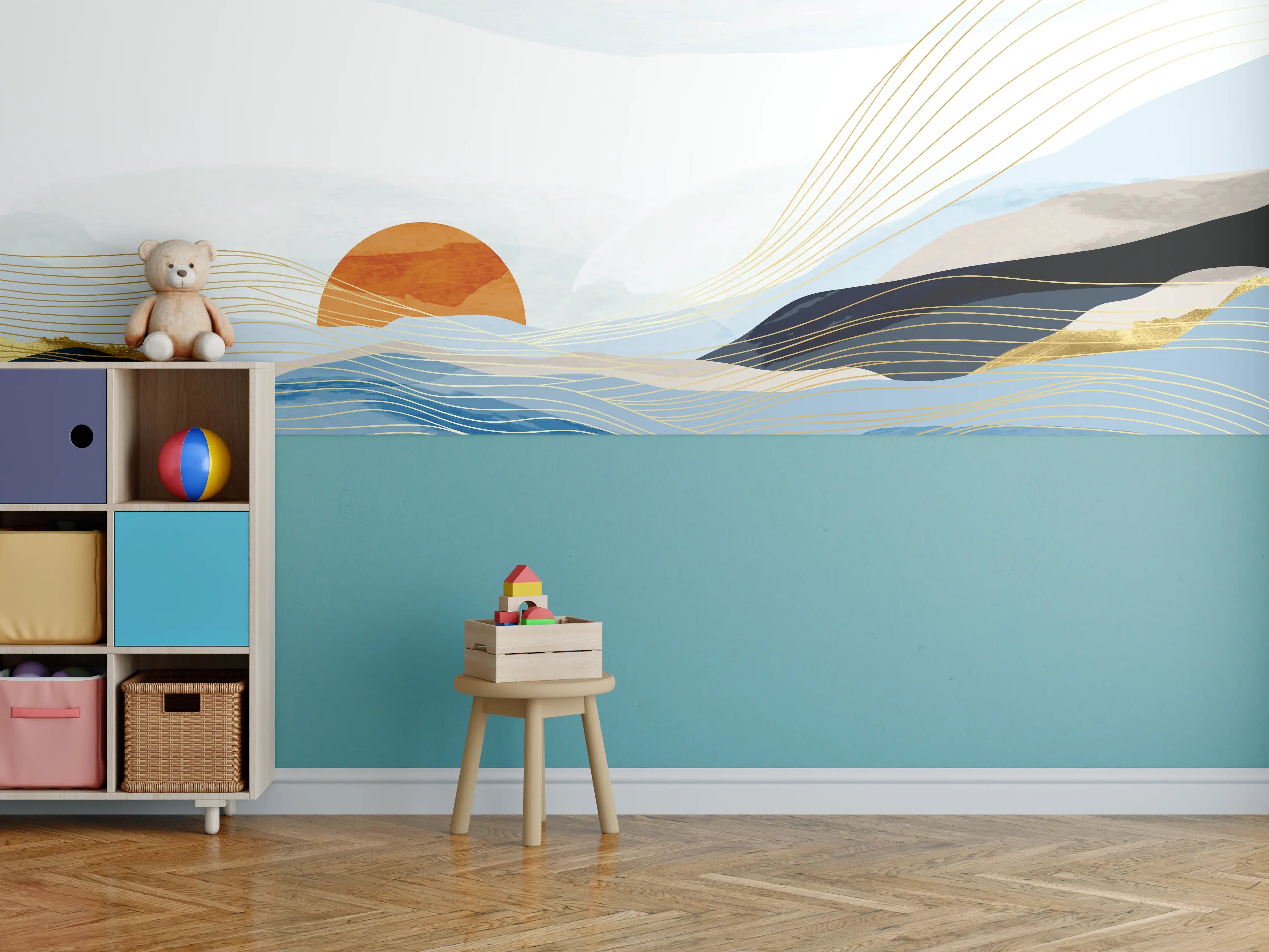 Kinderzimmer Wandgestaltung - Abstrakte Landschaft mit Sonnenuntergang