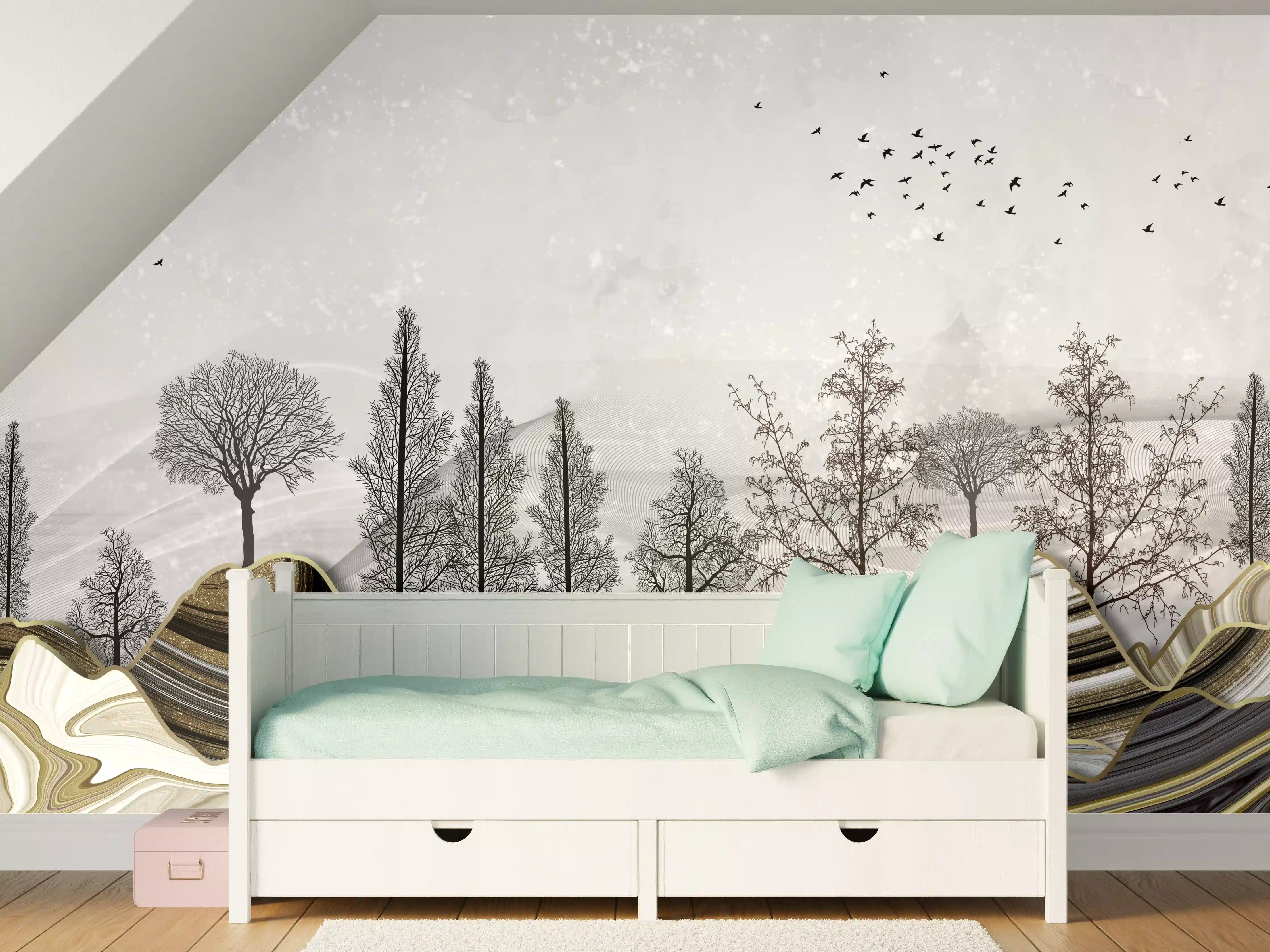 Kinderzimmer Wandgestaltung - Abstrakte Landschaft mit Wolken und Silhouetten