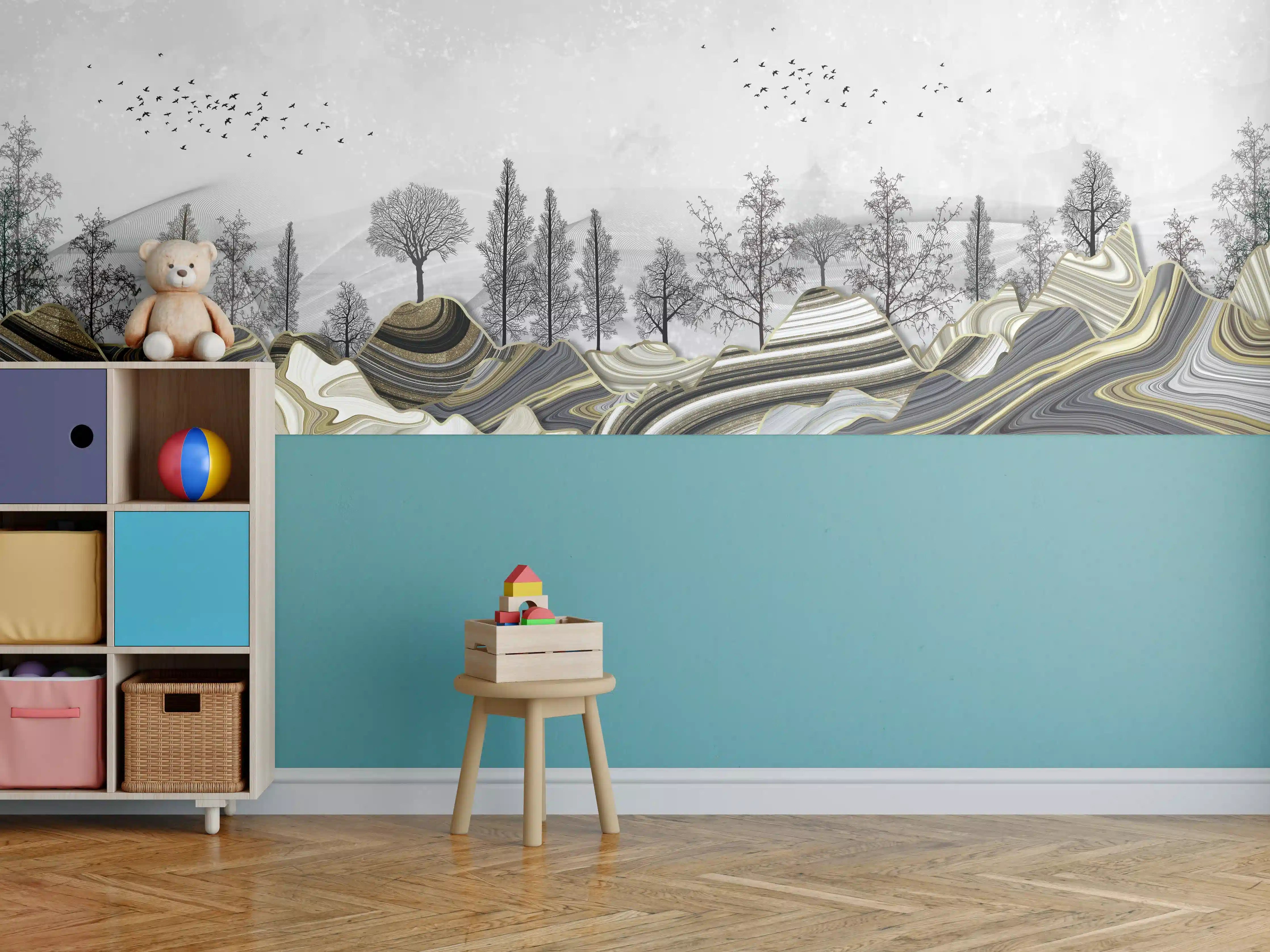 Kinderzimmer Wandgestaltung - Abstrakte Landschaft mit Wolken und Silhouetten