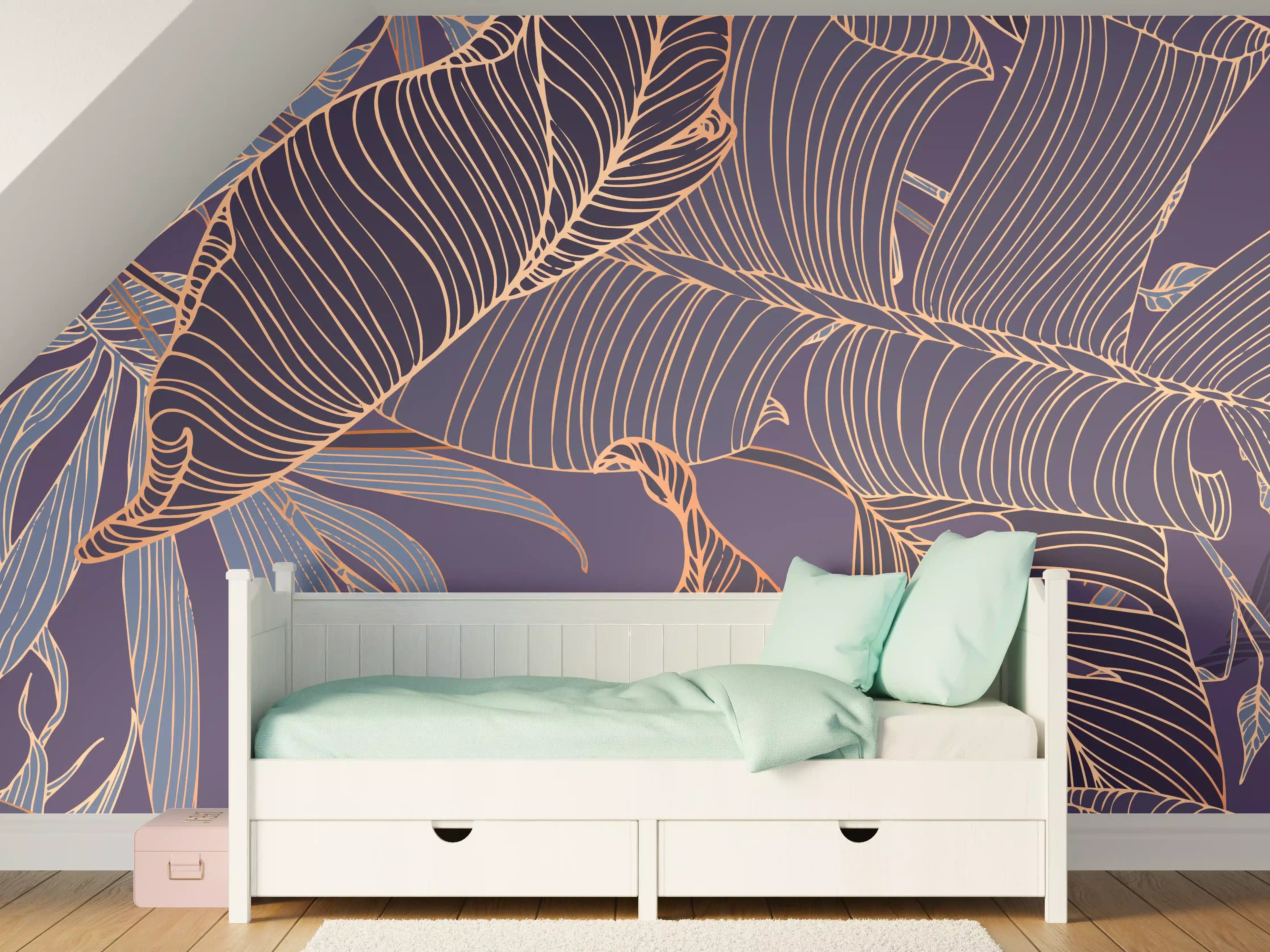 Kinderzimmer Wandgestaltung - Abstrakte Lila-Goldene Blattmuster