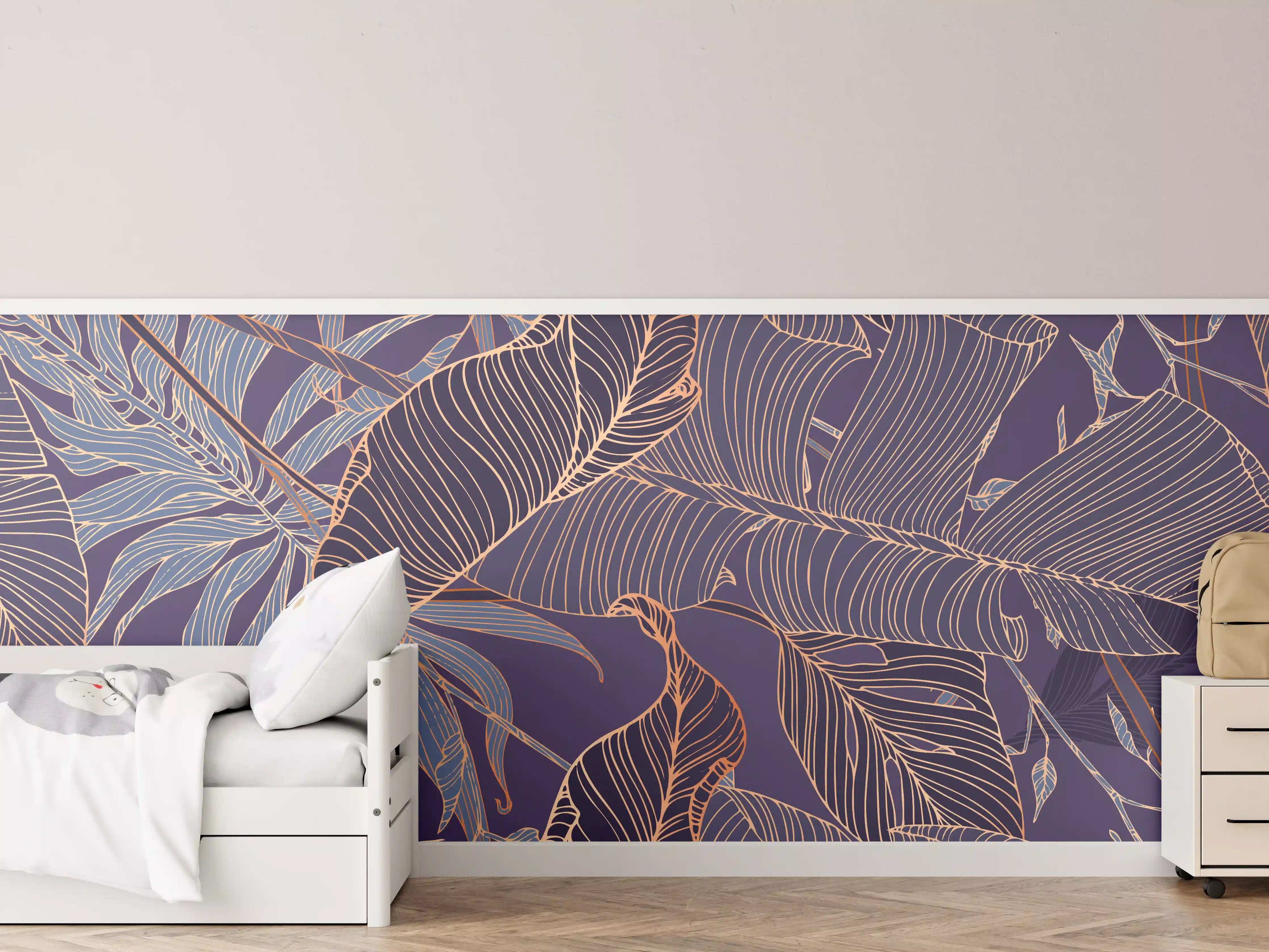 Kinderzimmer Wandgestaltung - Abstrakte Lila-Goldene Blattmuster