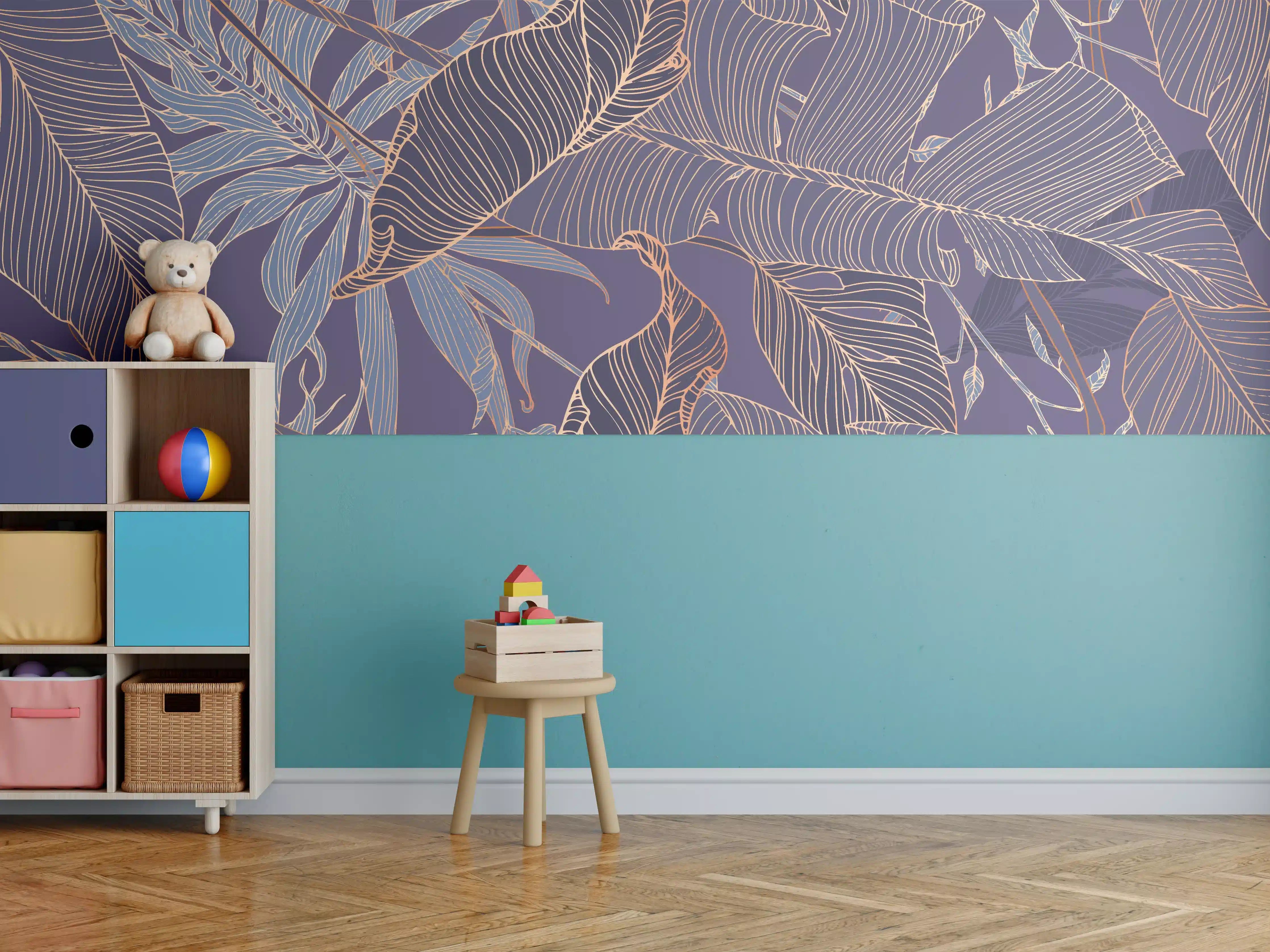 Kinderzimmer Wandgestaltung - Abstrakte Lila-Goldene Blattmuster