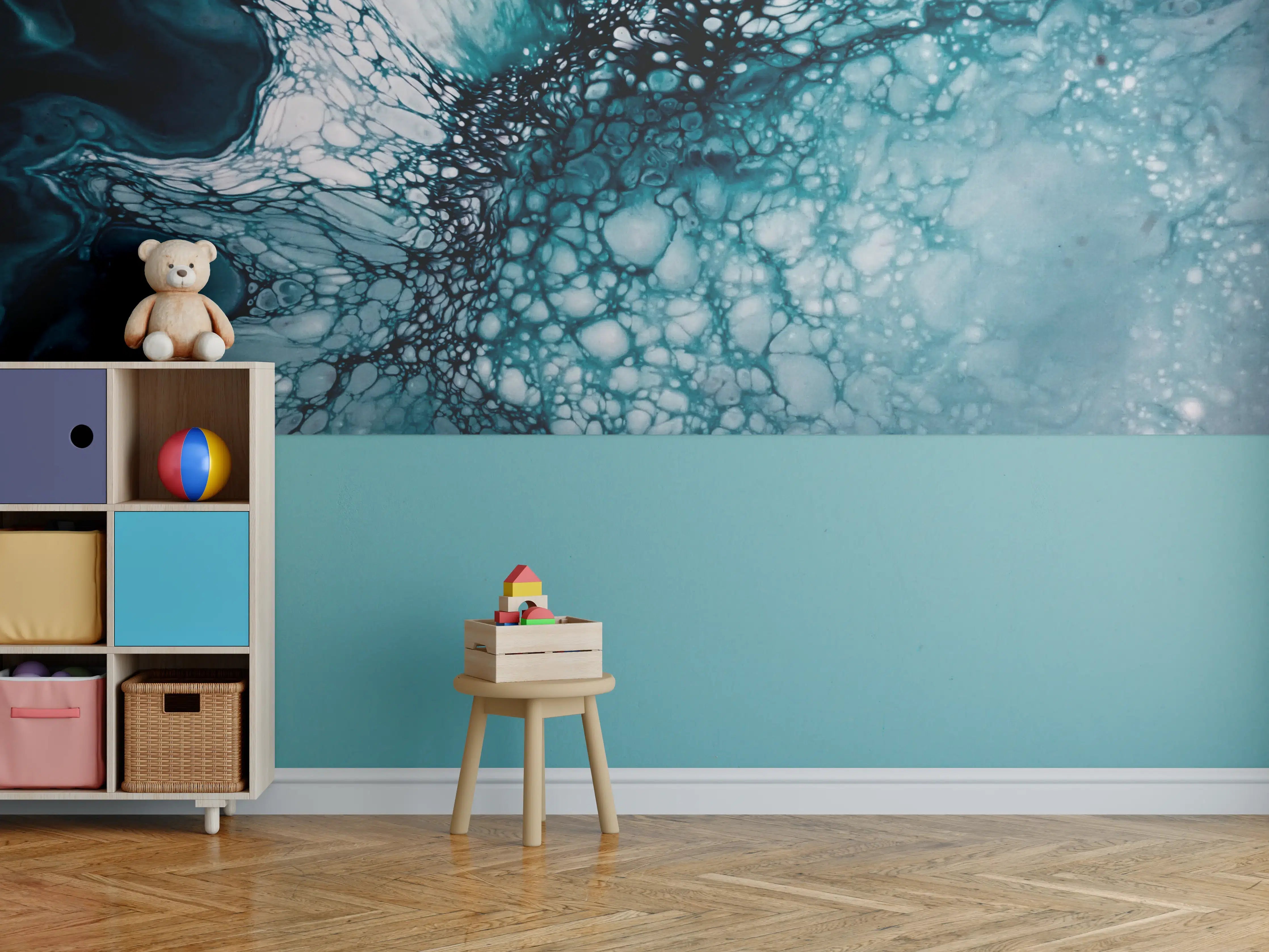 Kinderzimmer Wandgestaltung - Abstrakte Marmor-Malerei Blautöne