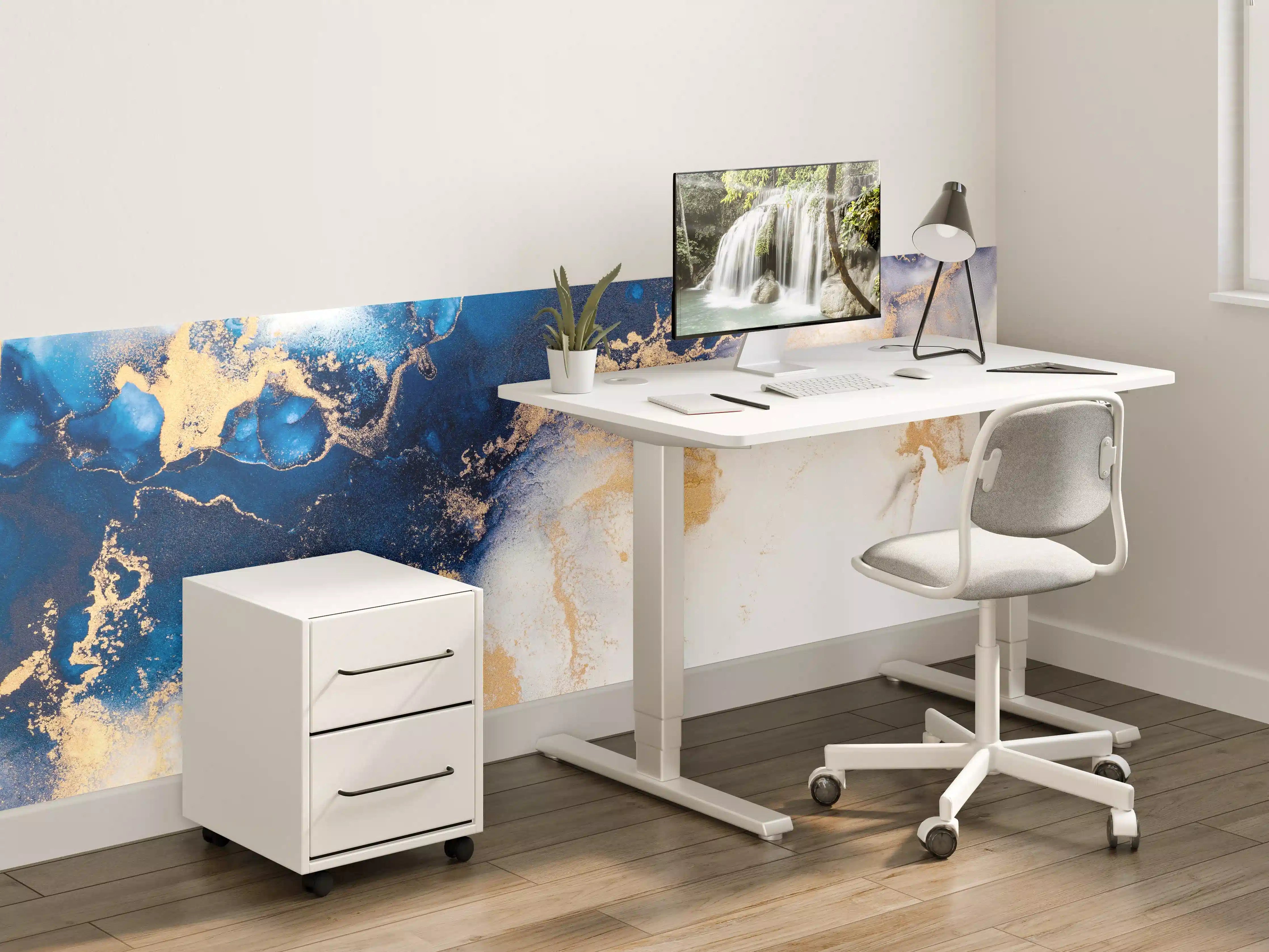 Kinderzimmer Wandgestaltung - Abstrakte Marmortinte in Blau-Gold