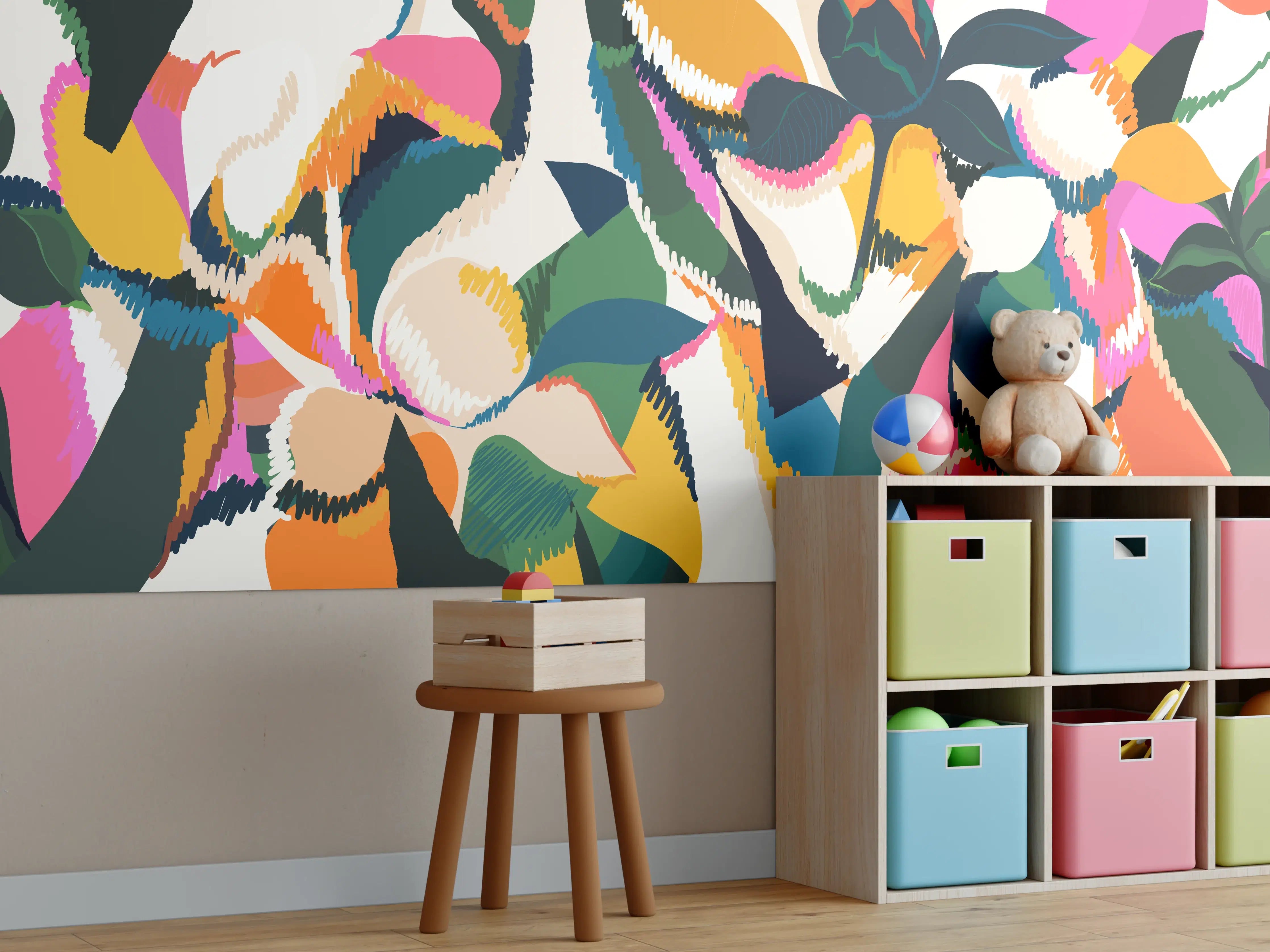 Kinderzimmer Wandgestaltung - Abstrakte Tropische Blumen Pink-Orange