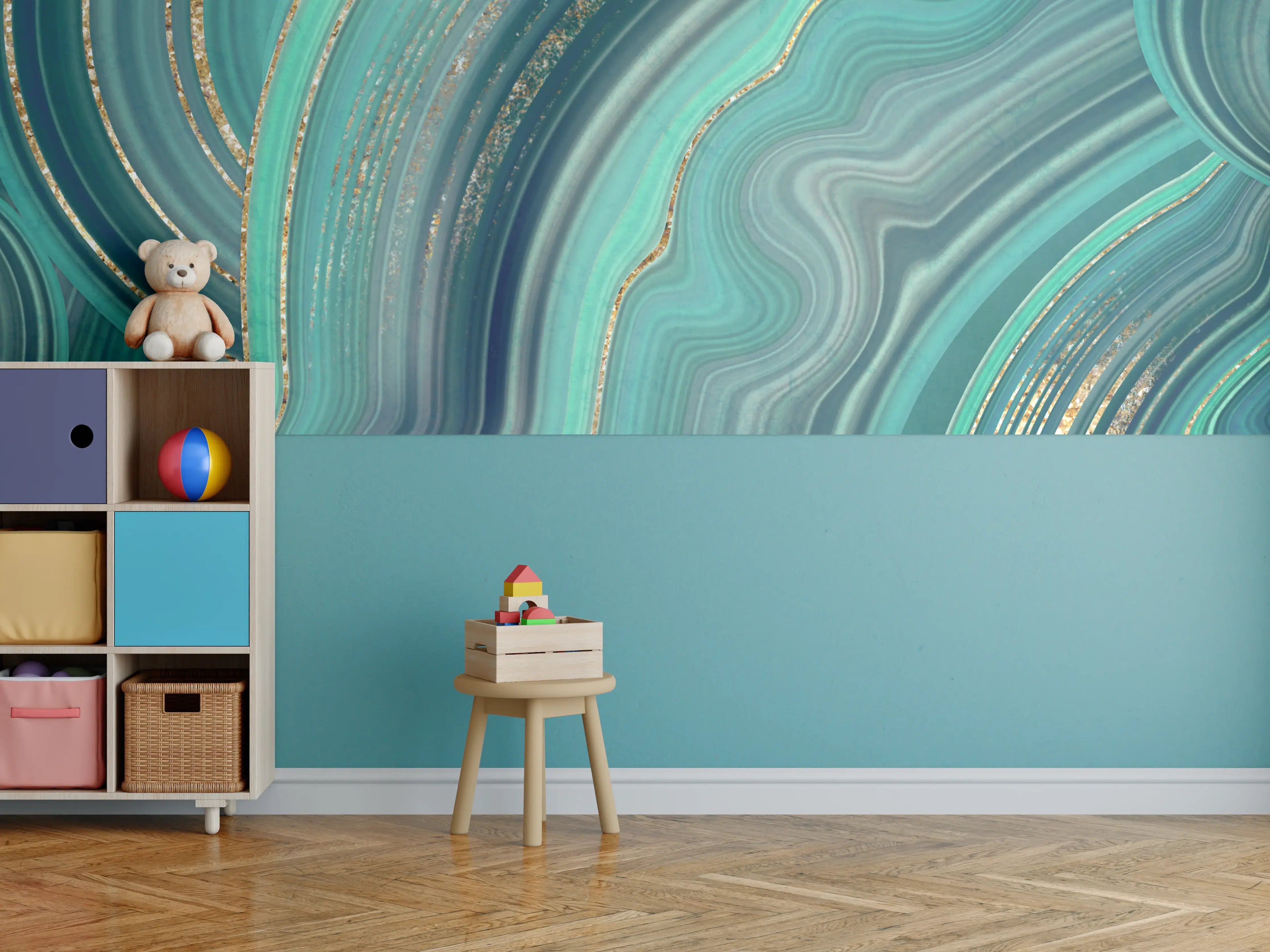 Kinderzimmer Wandgestaltung - Abstrakte Türkis- und Gold-Marmor-Textur