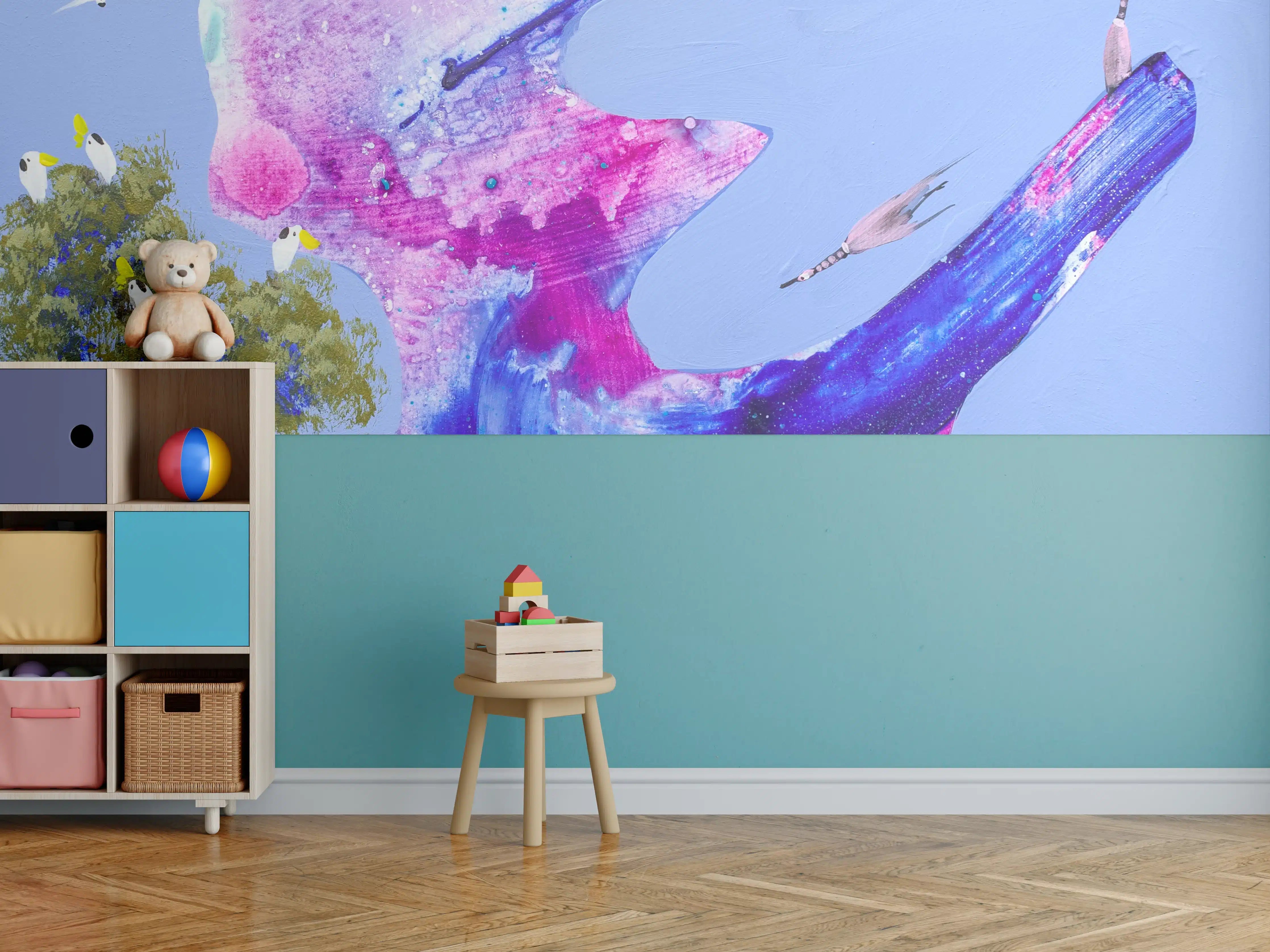 Kinderzimmer Wandgestaltung - Abstrakte Wasserfarbenkunst in Blau und Pink