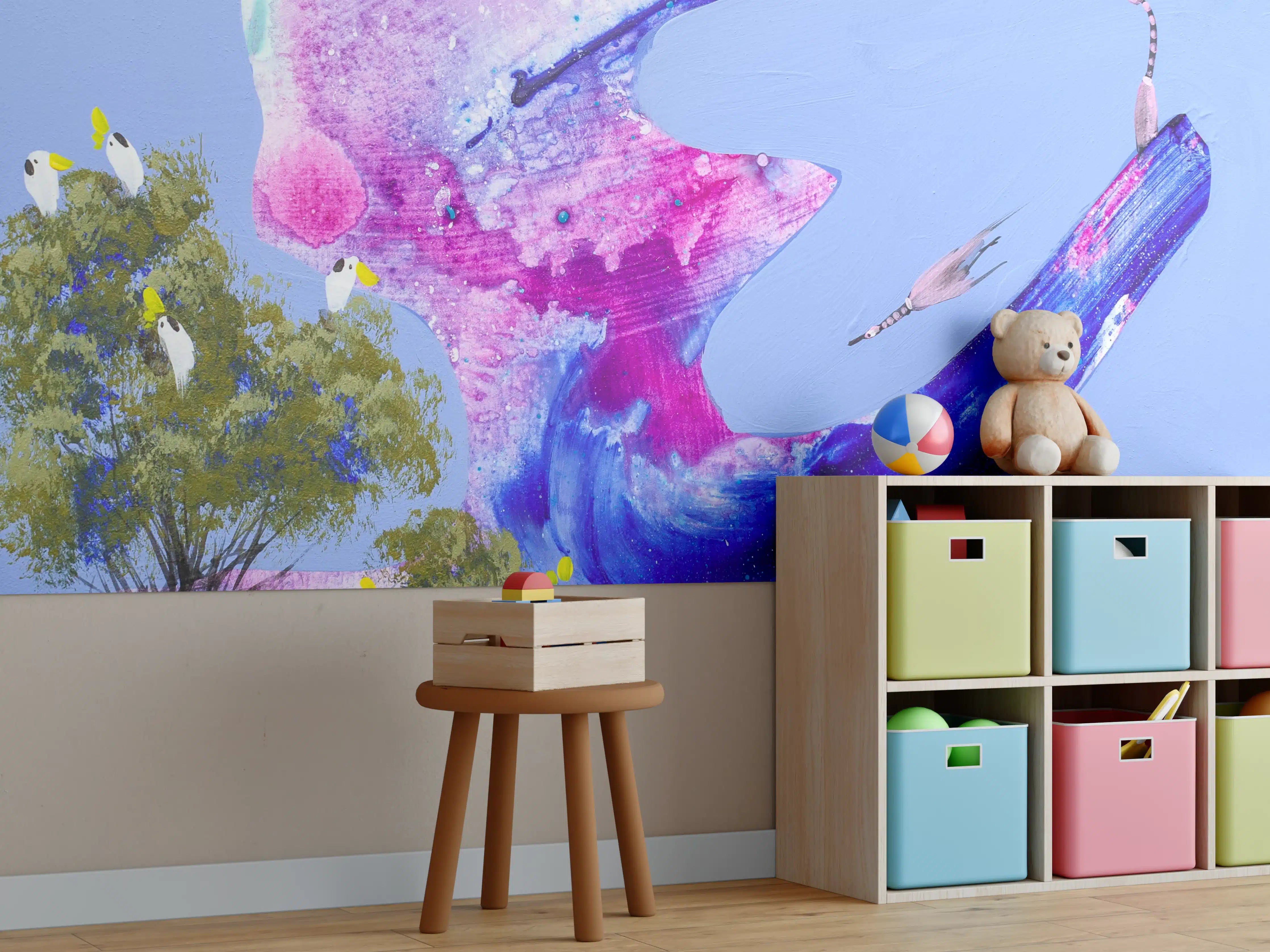 Kinderzimmer Wandgestaltung - Abstrakte Wasserfarbenkunst in Blau und Pink