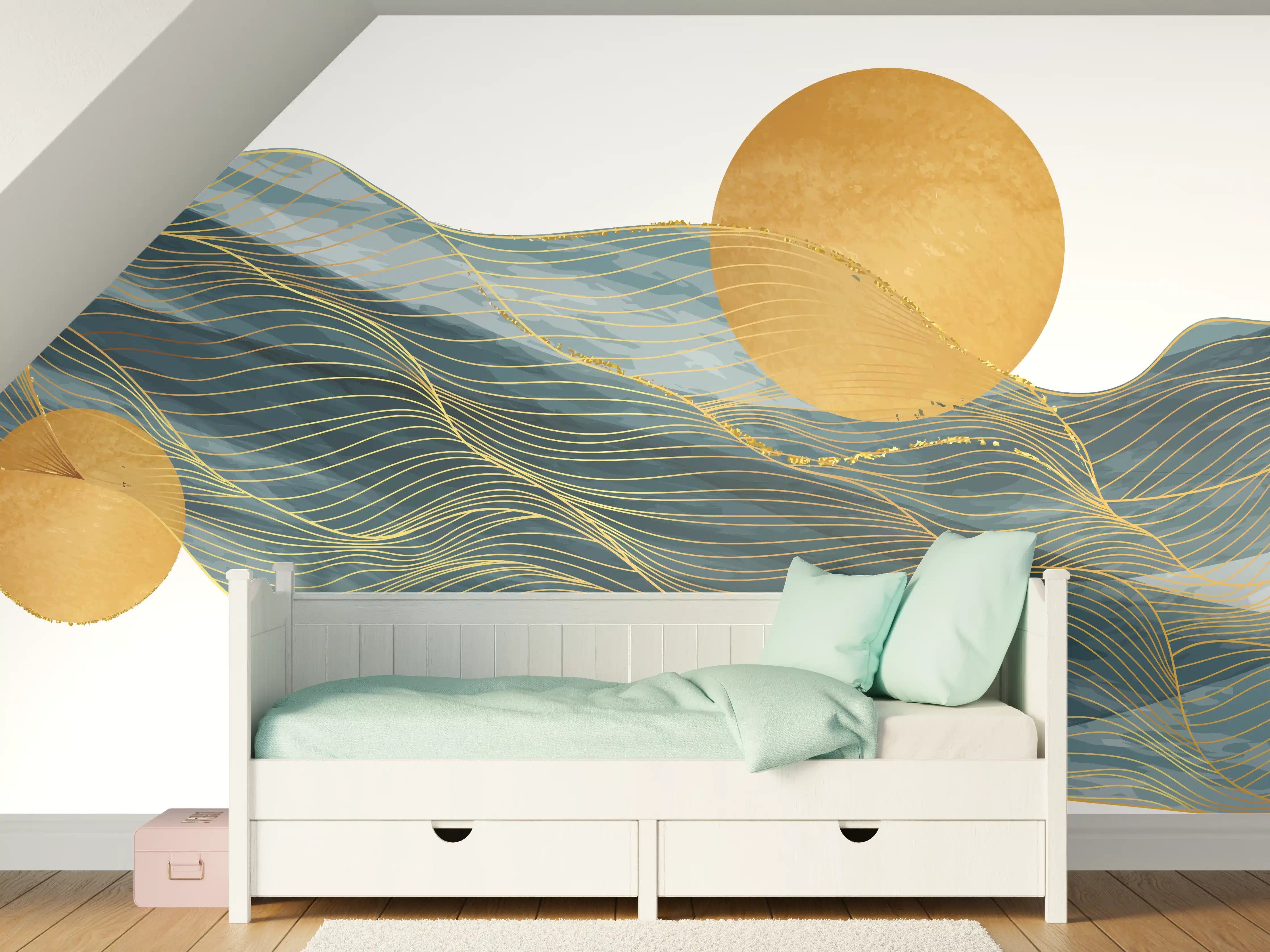 Kinderzimmer Wandgestaltung - Abstrakte Wellen Goldakzente